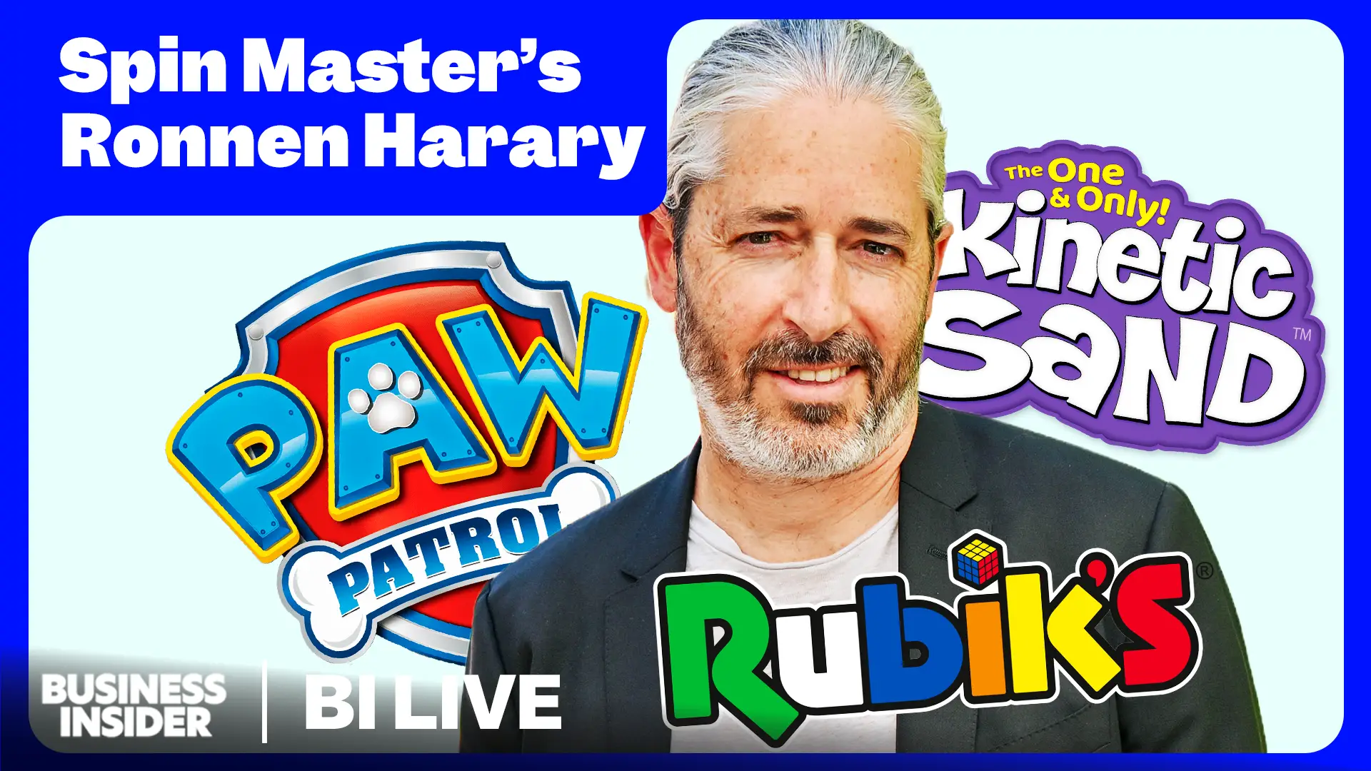 Older man surrounded by toy brand logos