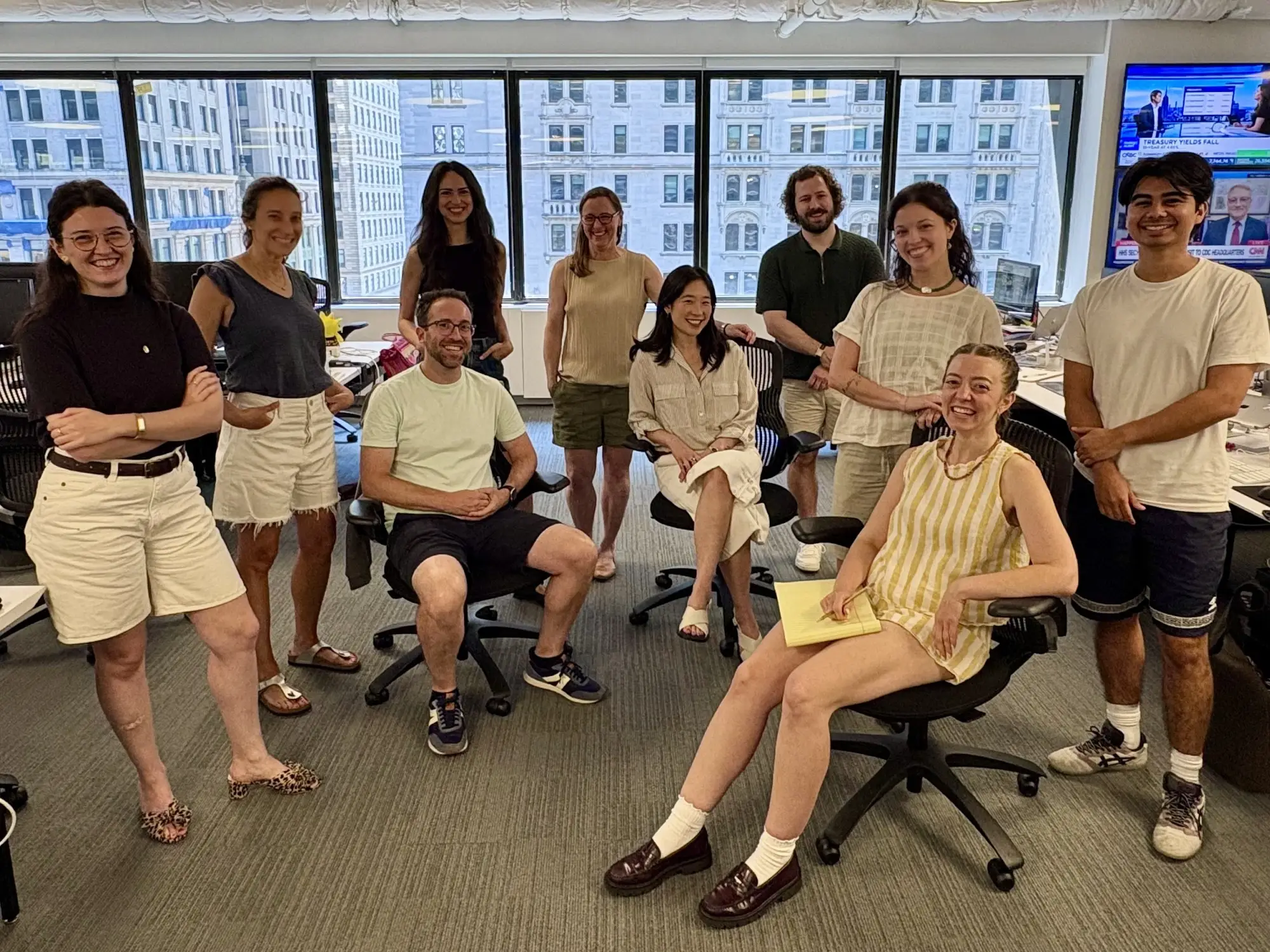 BI employees wearing shorts in the office