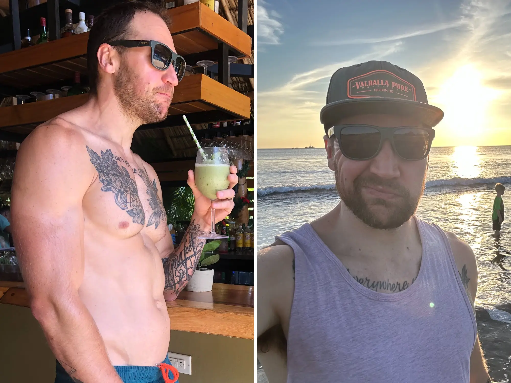 The author with a drink and on a beach