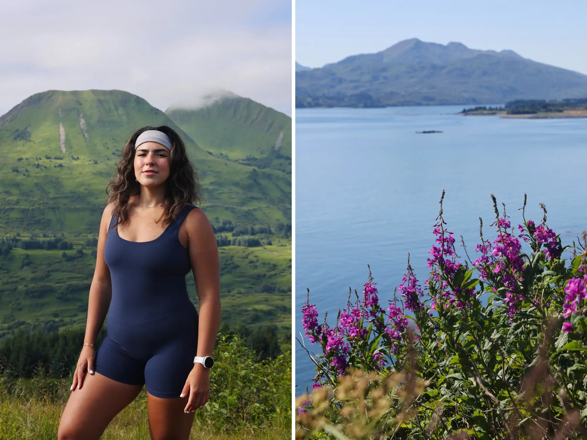 A side-by-side image of the writer standing near green mountains and an image of purple wildflowers beside a blue lake on a remote island off the coast of Alaska.