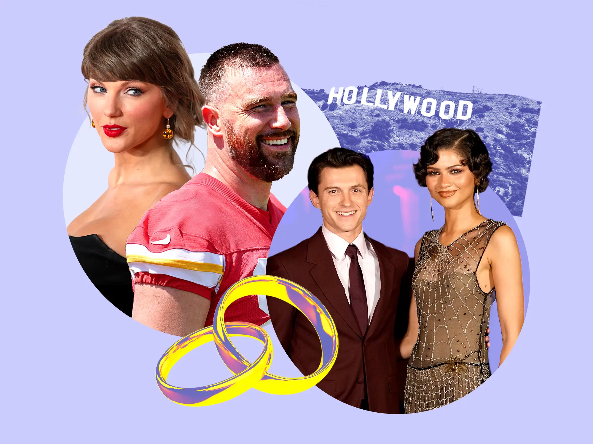 Taylor Swift, Travis Kelce, Zendaya and Tom Holland appear in a celebrity collage with rings and the Hollywood sign.