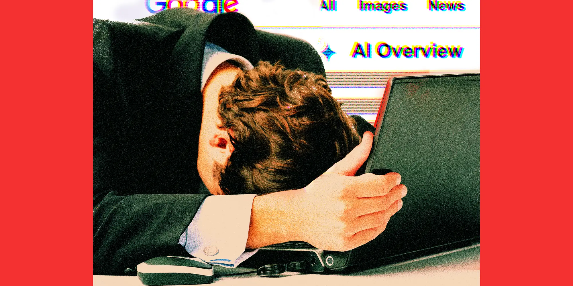 A person in a suit rests their head on a laptop, with a Google AI Overview page behind them.