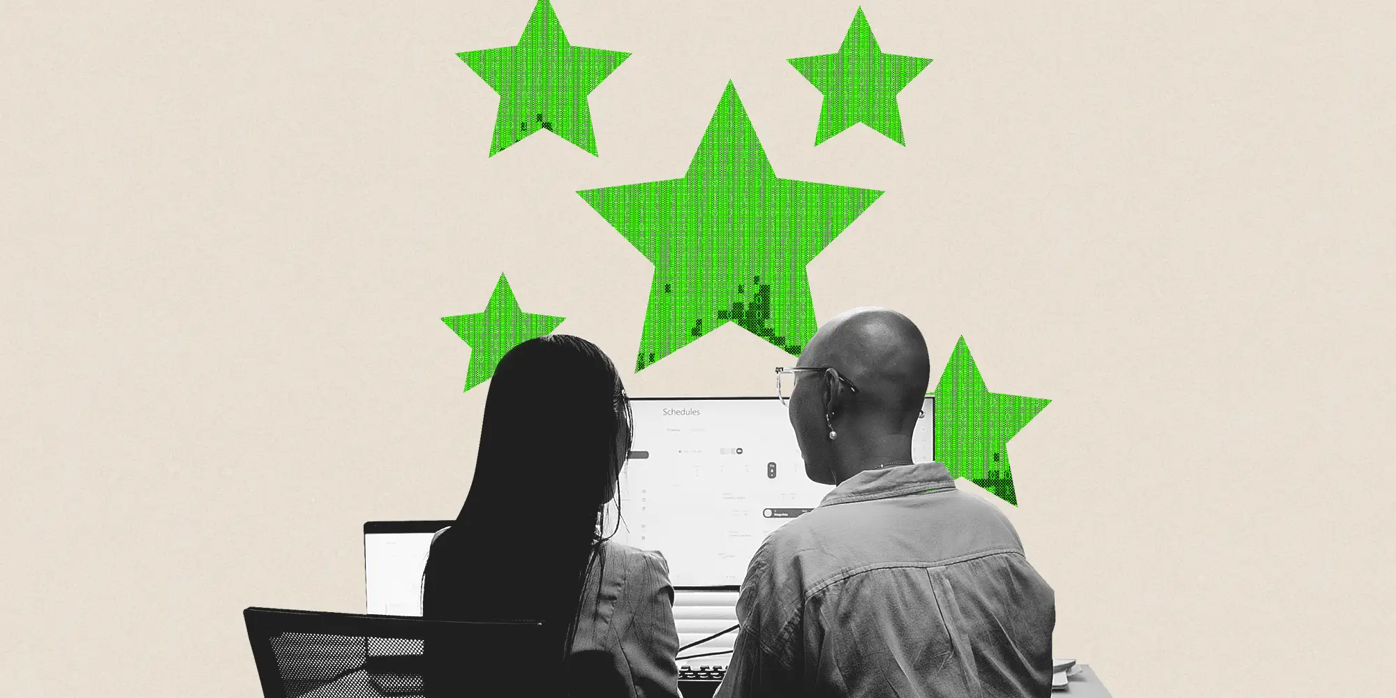 Coworkers are seated in front of a computer surrounded by green stars.