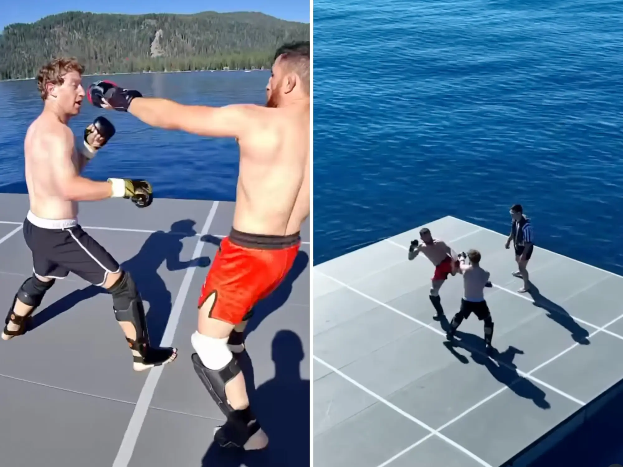 A collage shows Mark Zuckerberg and Merab Dvalishvili shirtless and sparring on a barge floating in the middle of a lake.