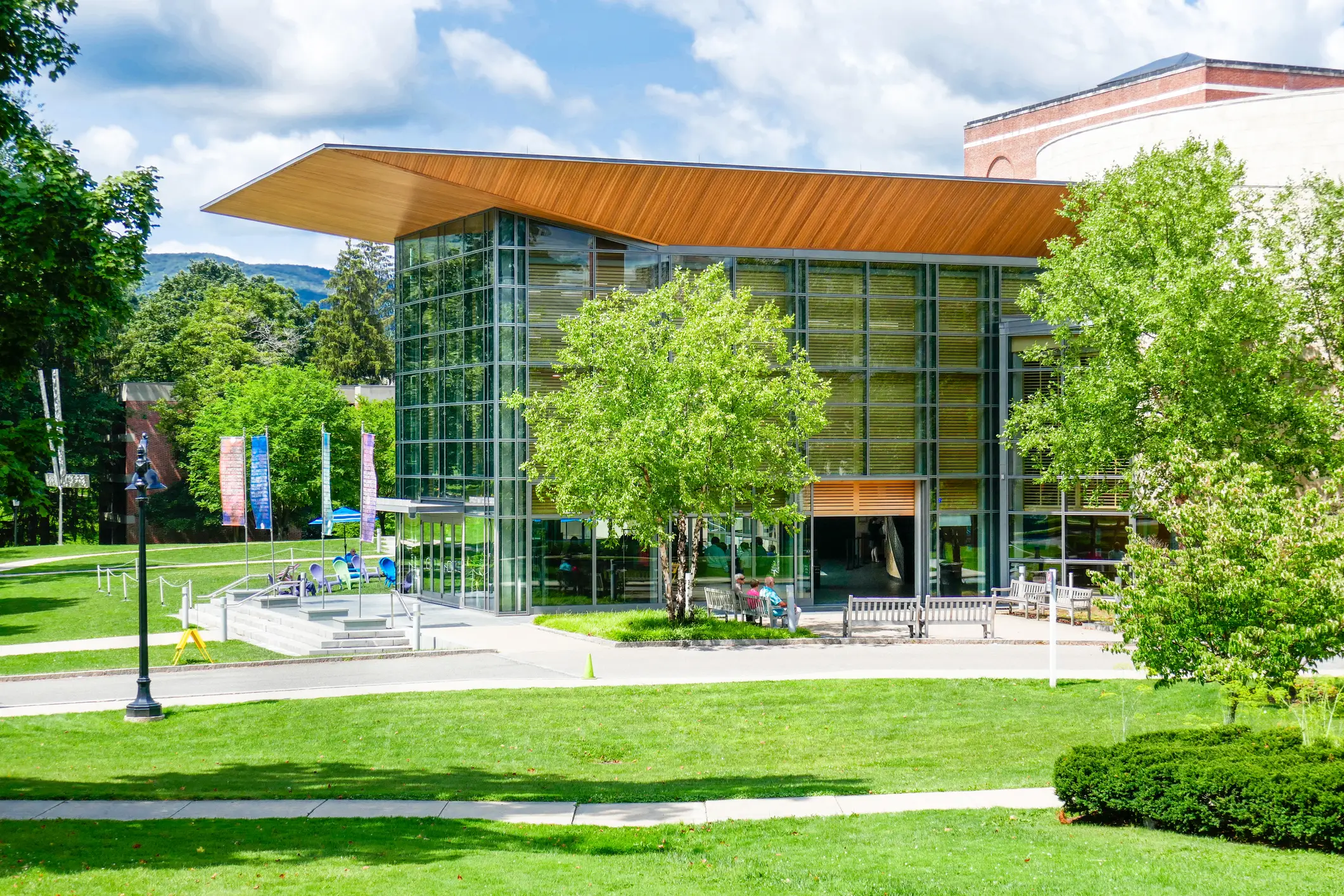 Exterior view from the side of the Williamstown Theater Festival at Williams College on a sunny summer afternoon.