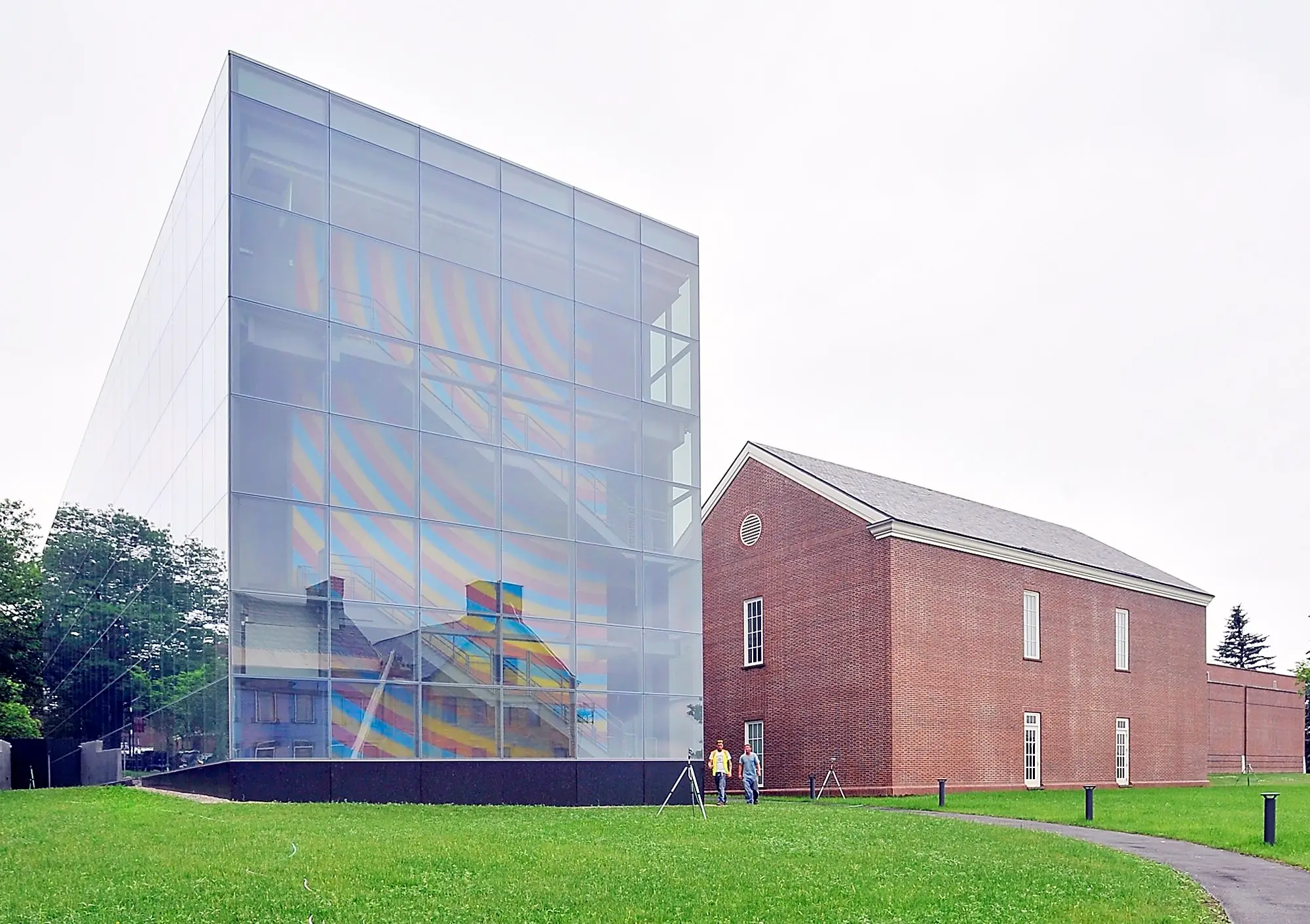 Construction workers leave the Colby College Museum of Art for a lunch break after putting some of the many finishing touches on the largest college museum in the state of Maine