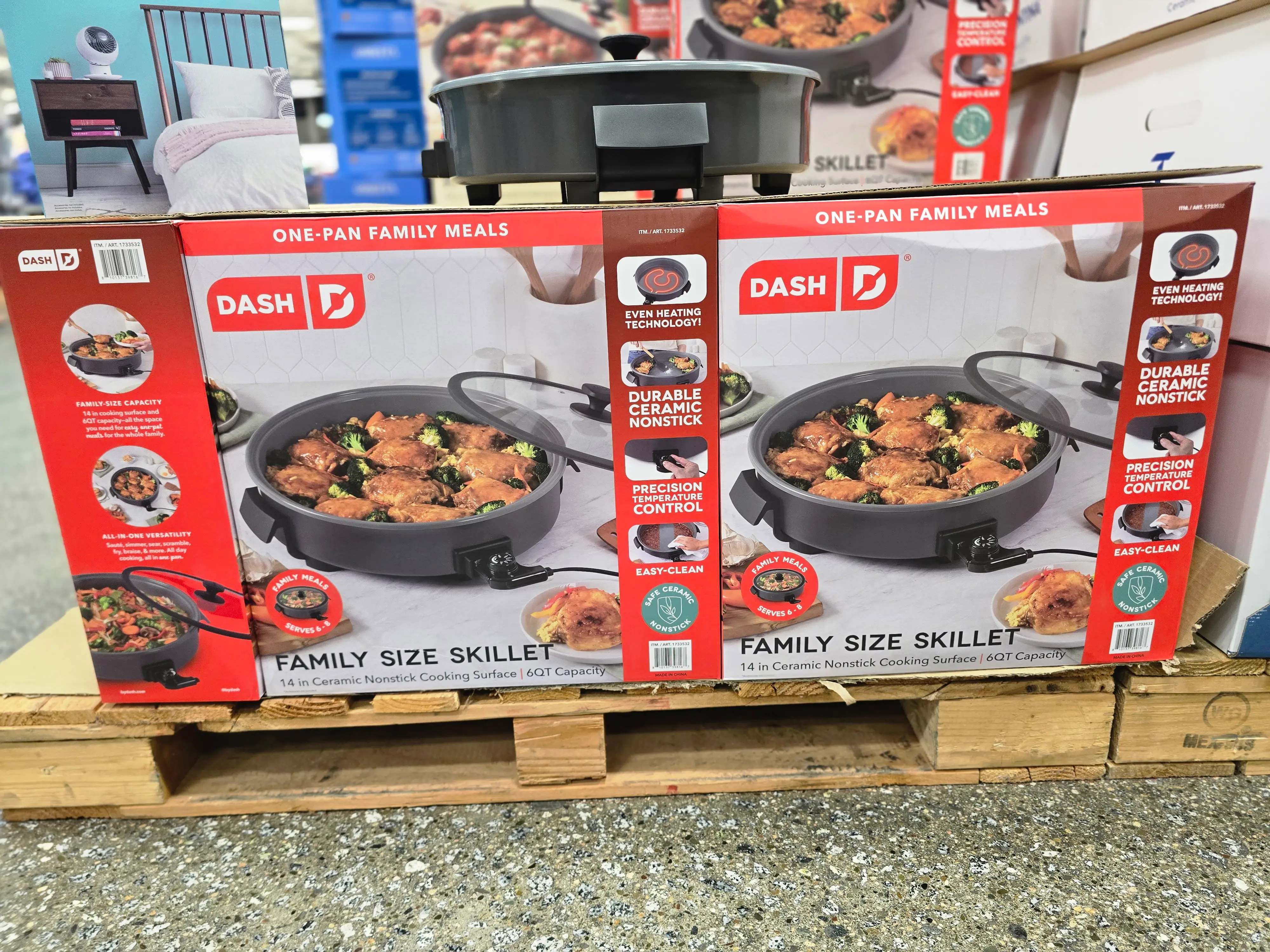 Boxes of Dash family-size skillets on display at Costco.