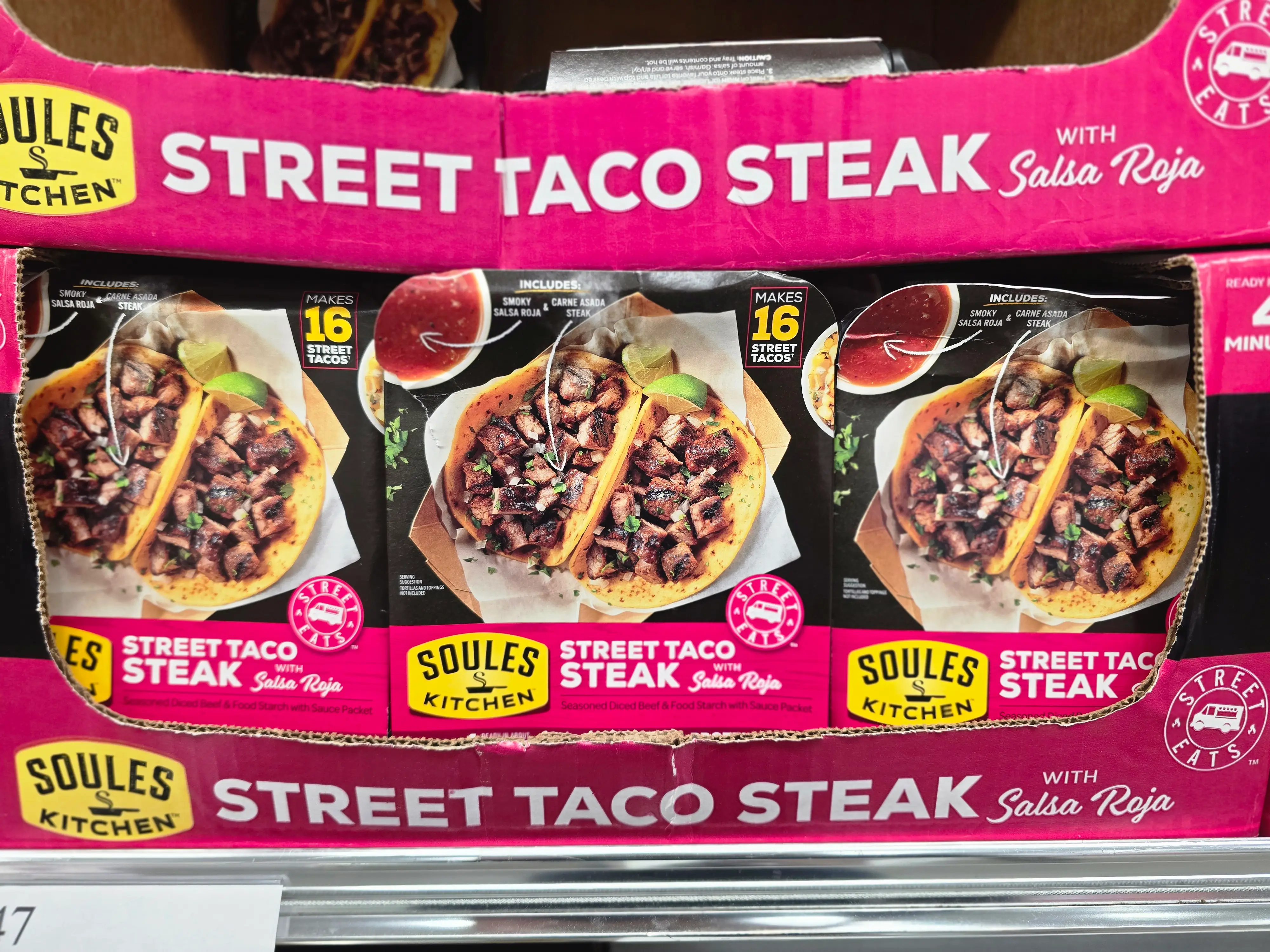 Containers of Soules Kitchen street-taco steak on display at Costco.