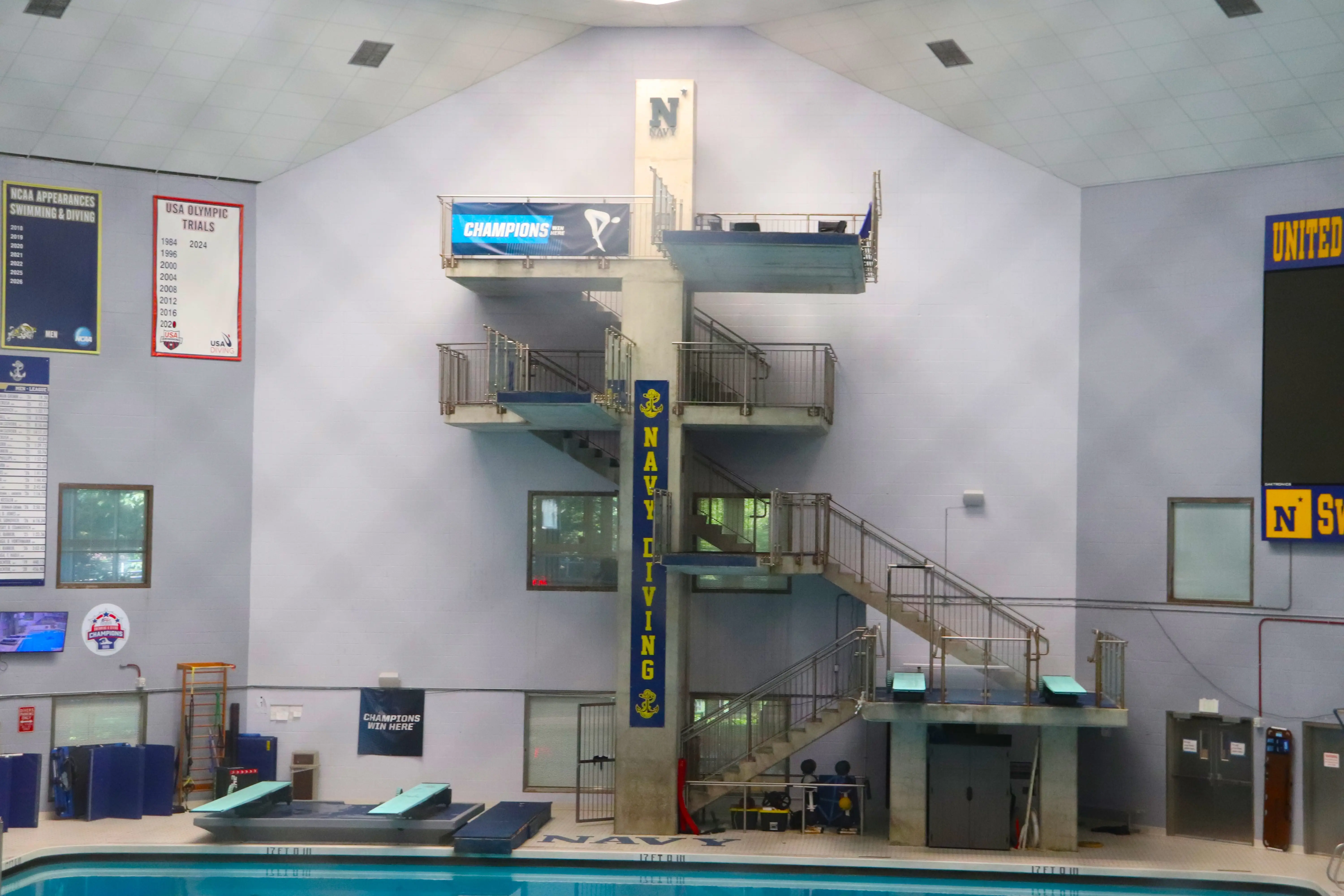 Diving platforms at the pool in Lejune Hall.