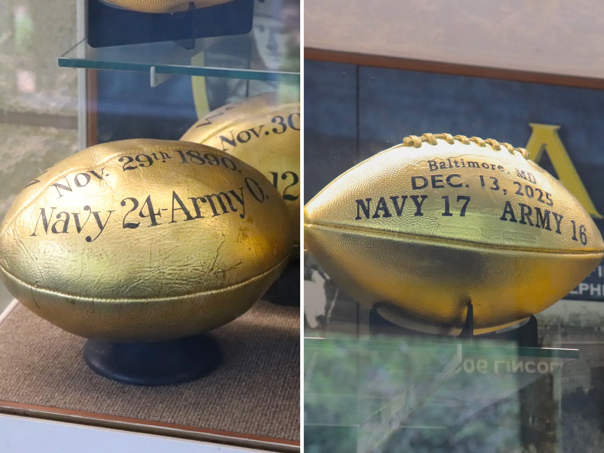 Footballs displayed from wins in Army vs. Navy games.