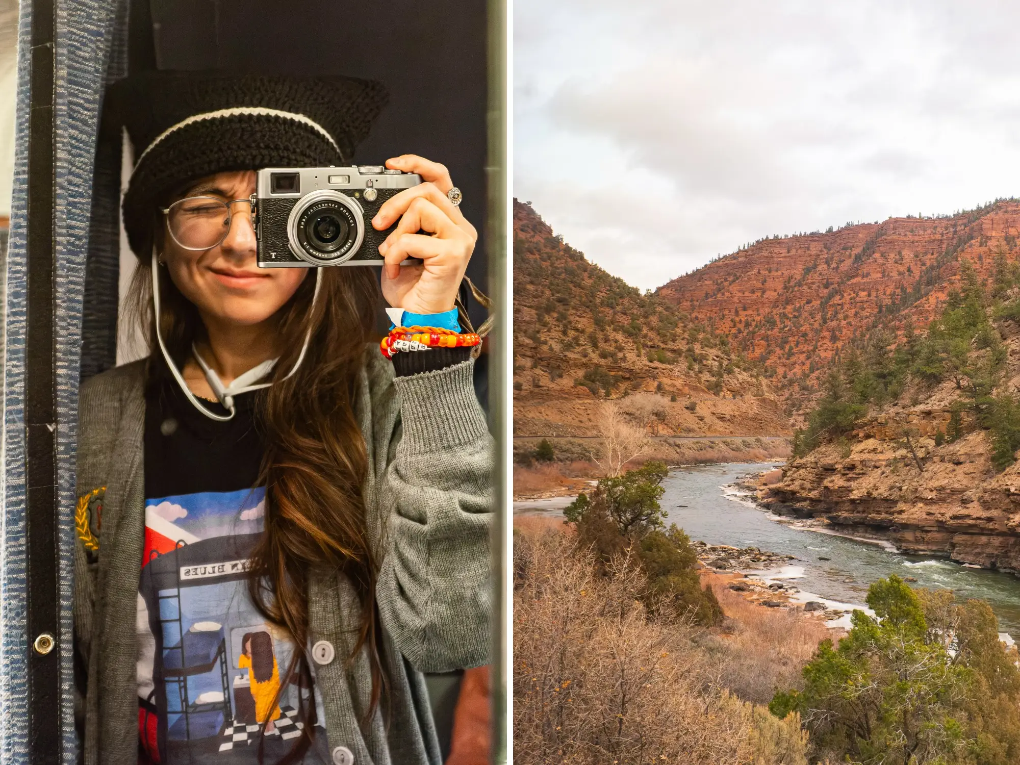 Split view shows a traveler taking a mirror selfie beside a red rock canyon river landscape.