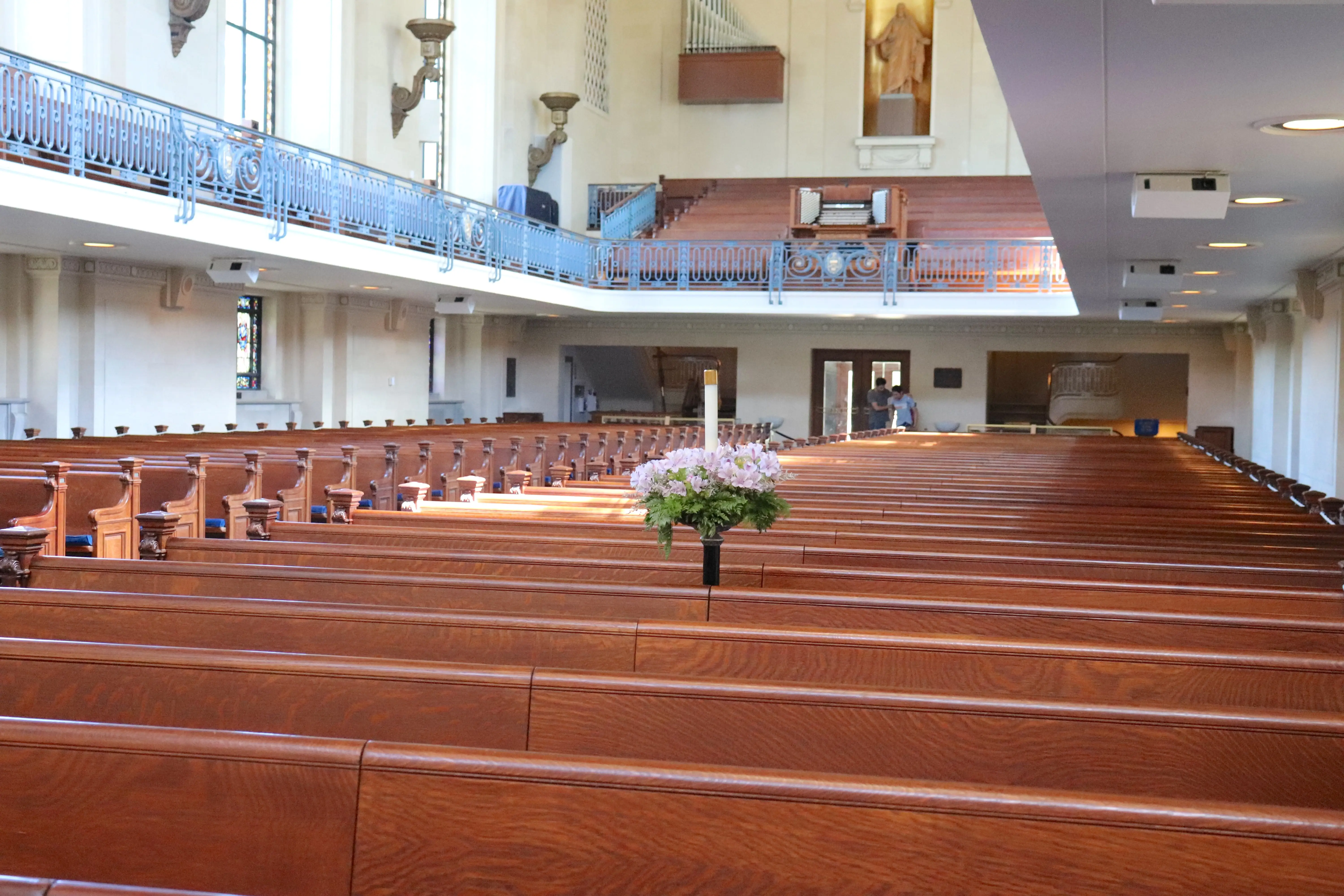 A roped-off pew inside the Naval Academy Chapel.