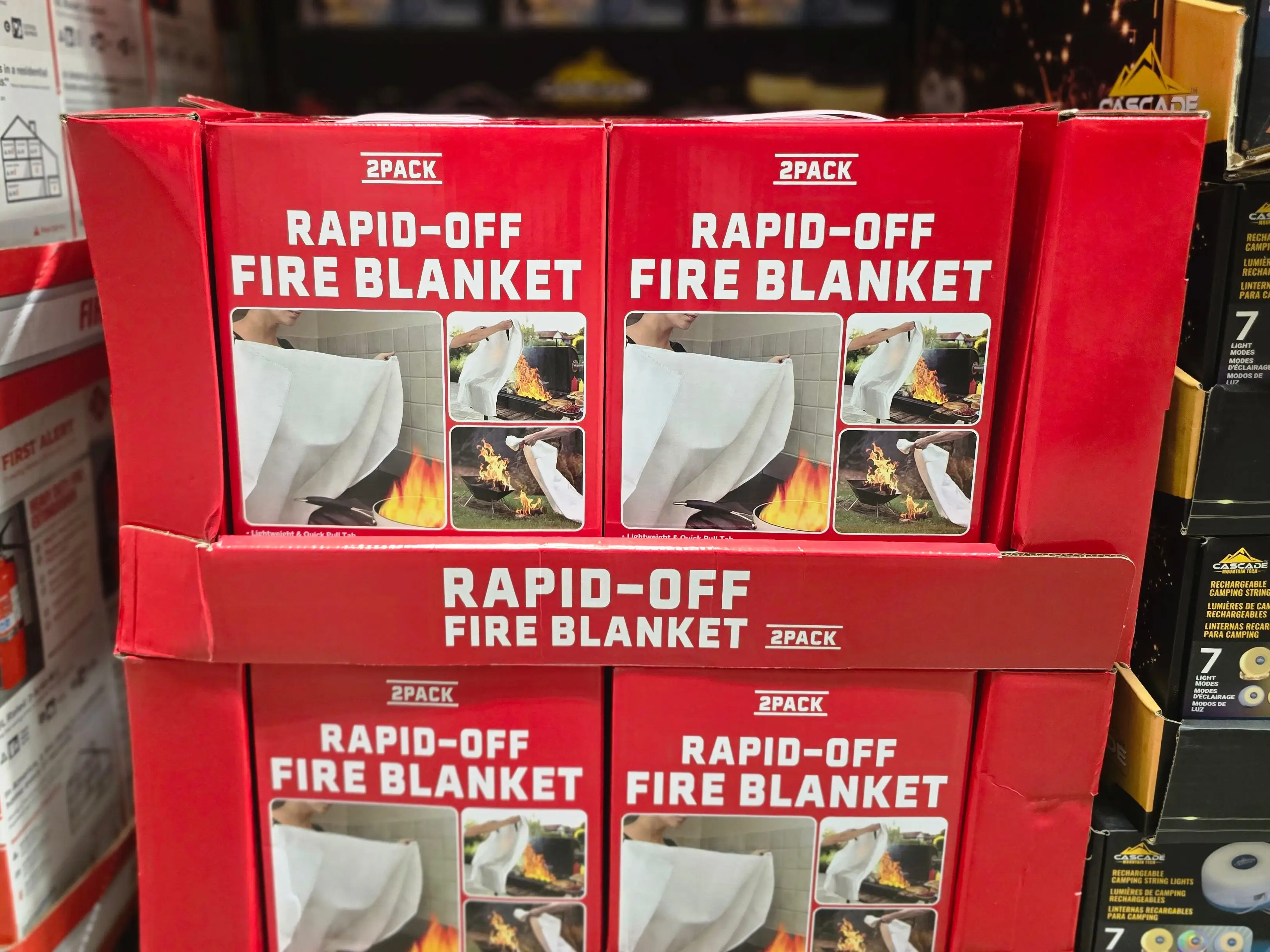 Boxes of fire blankets on display at Costco.