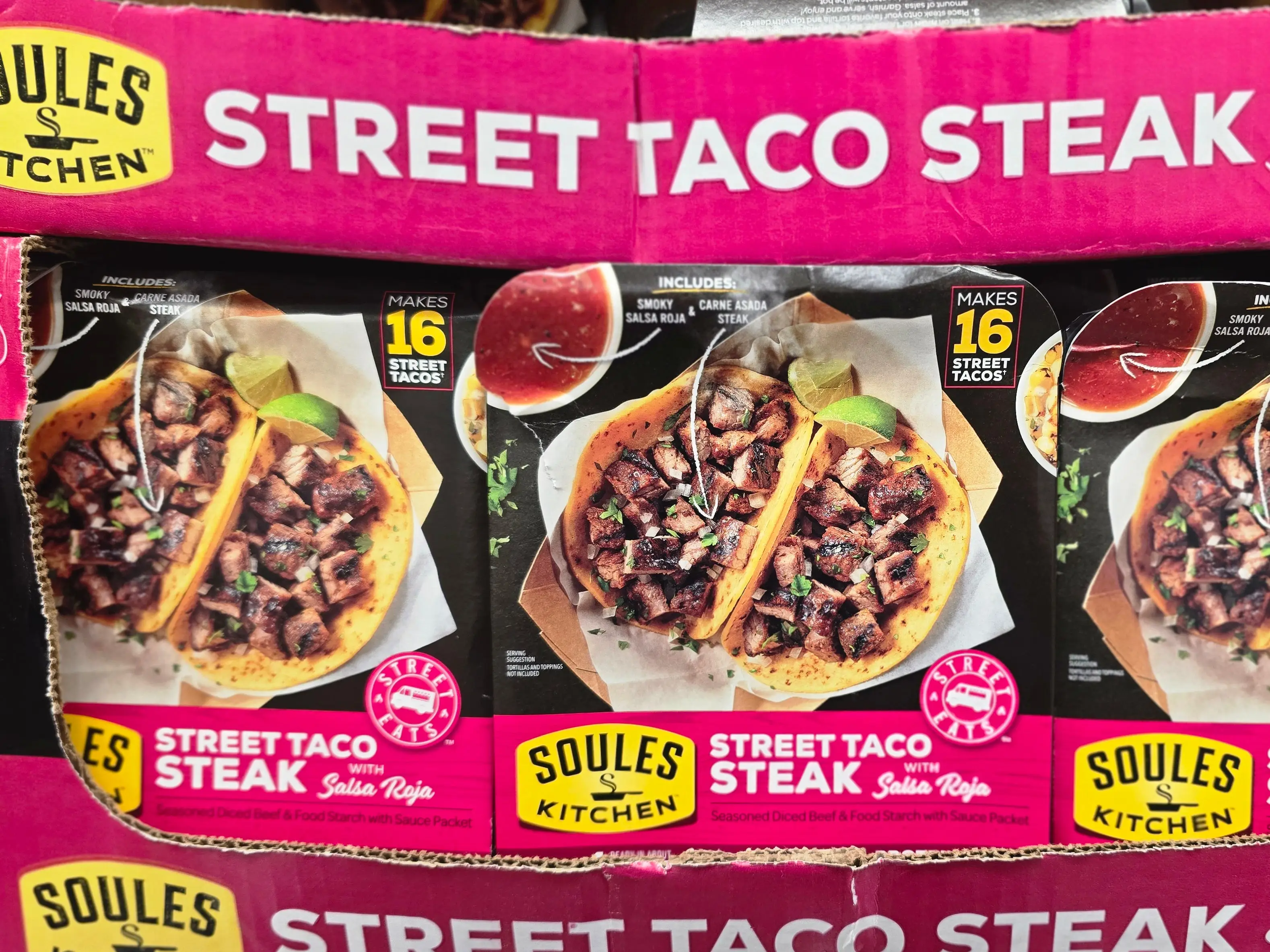 Containers of Soules Kitchen street-taco steak on display at Costco.