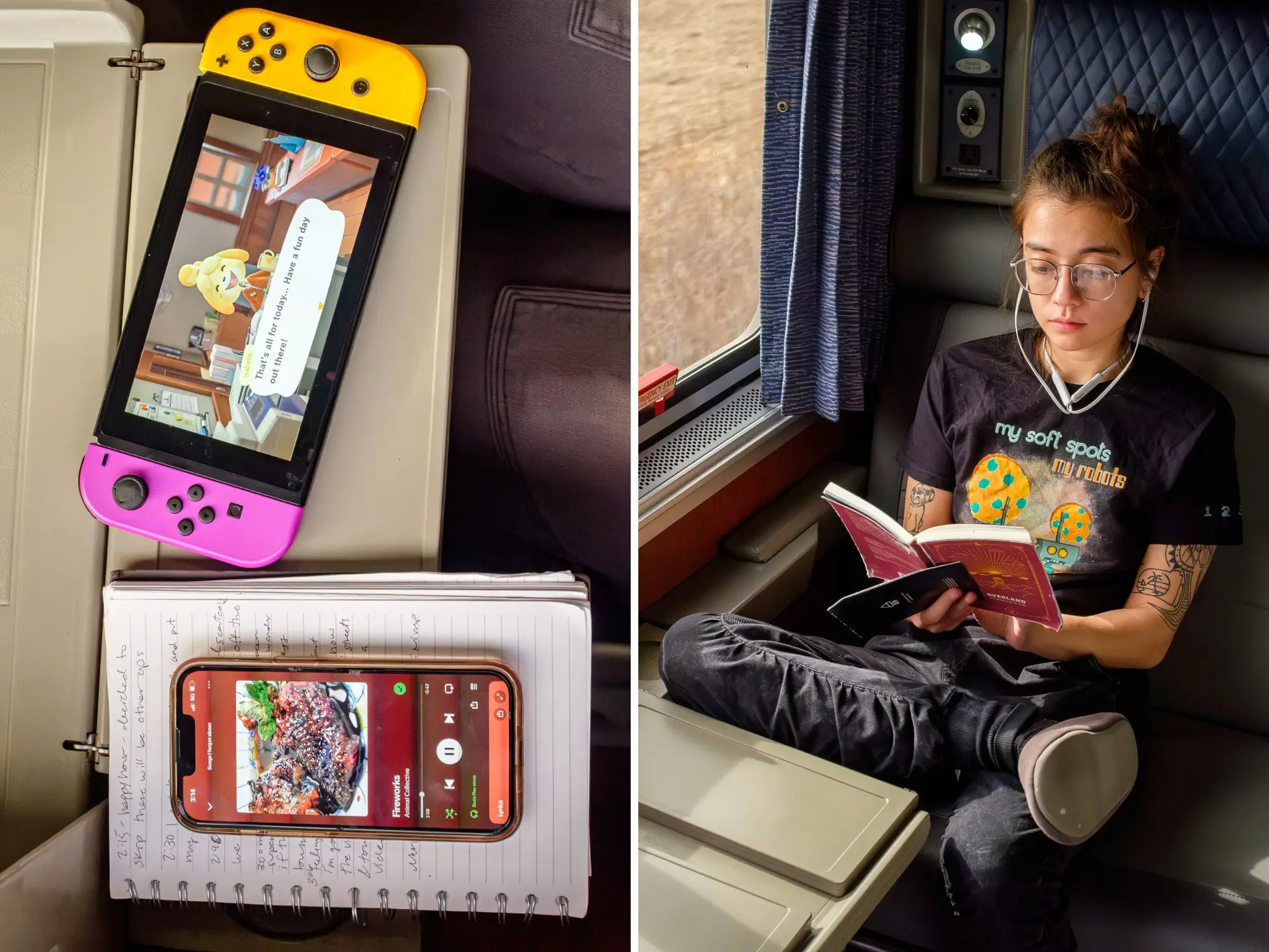 Person reads by a train window beside a collage of a Nintendo Switch, phone, and notebook.