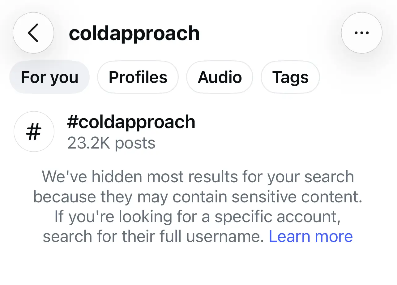 screenshot of blocked search for #coldapproach