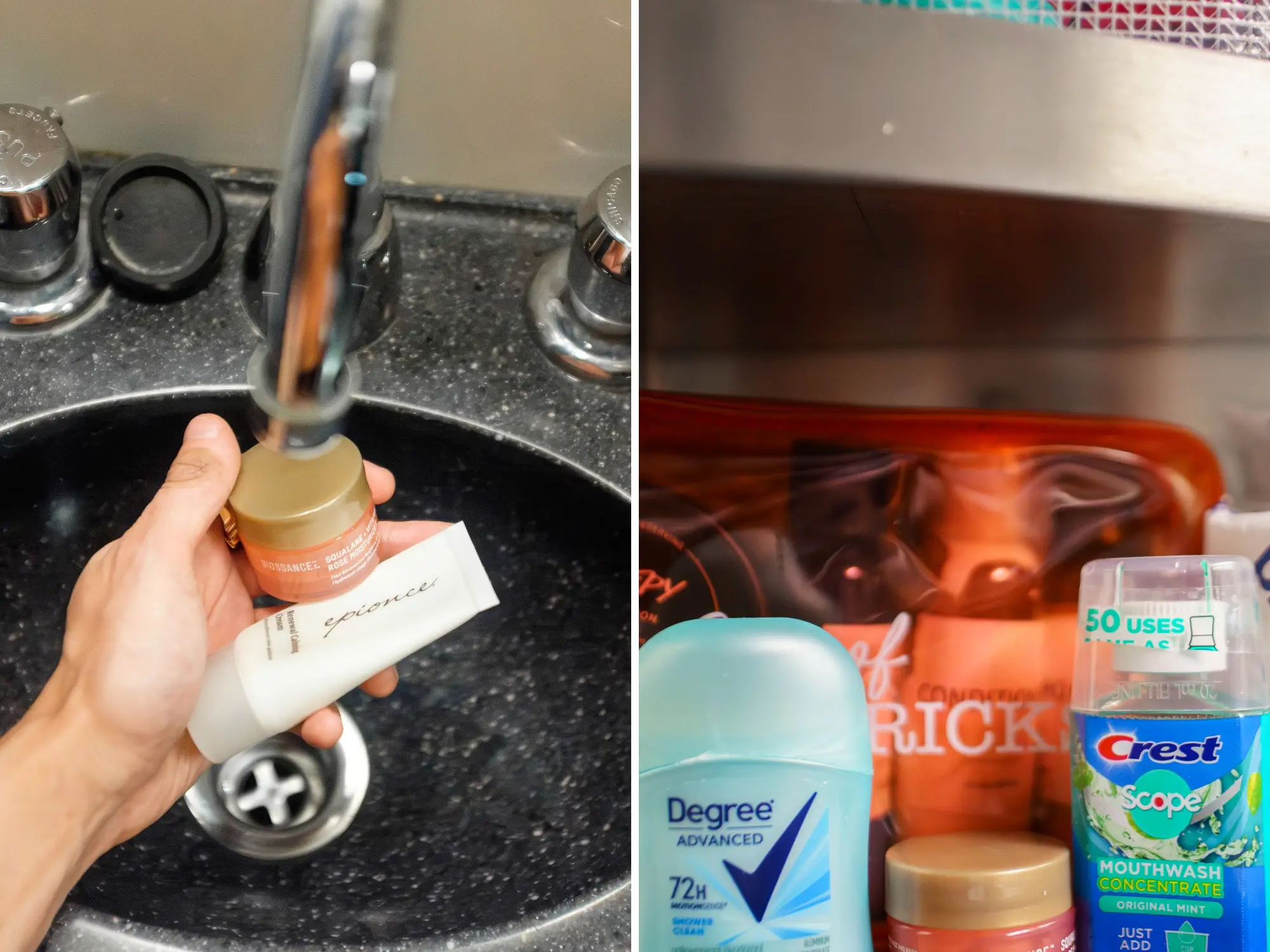 Hand holds small toiletries under a sink faucet beside a travel toiletry bag with deodorant and mouthwash.