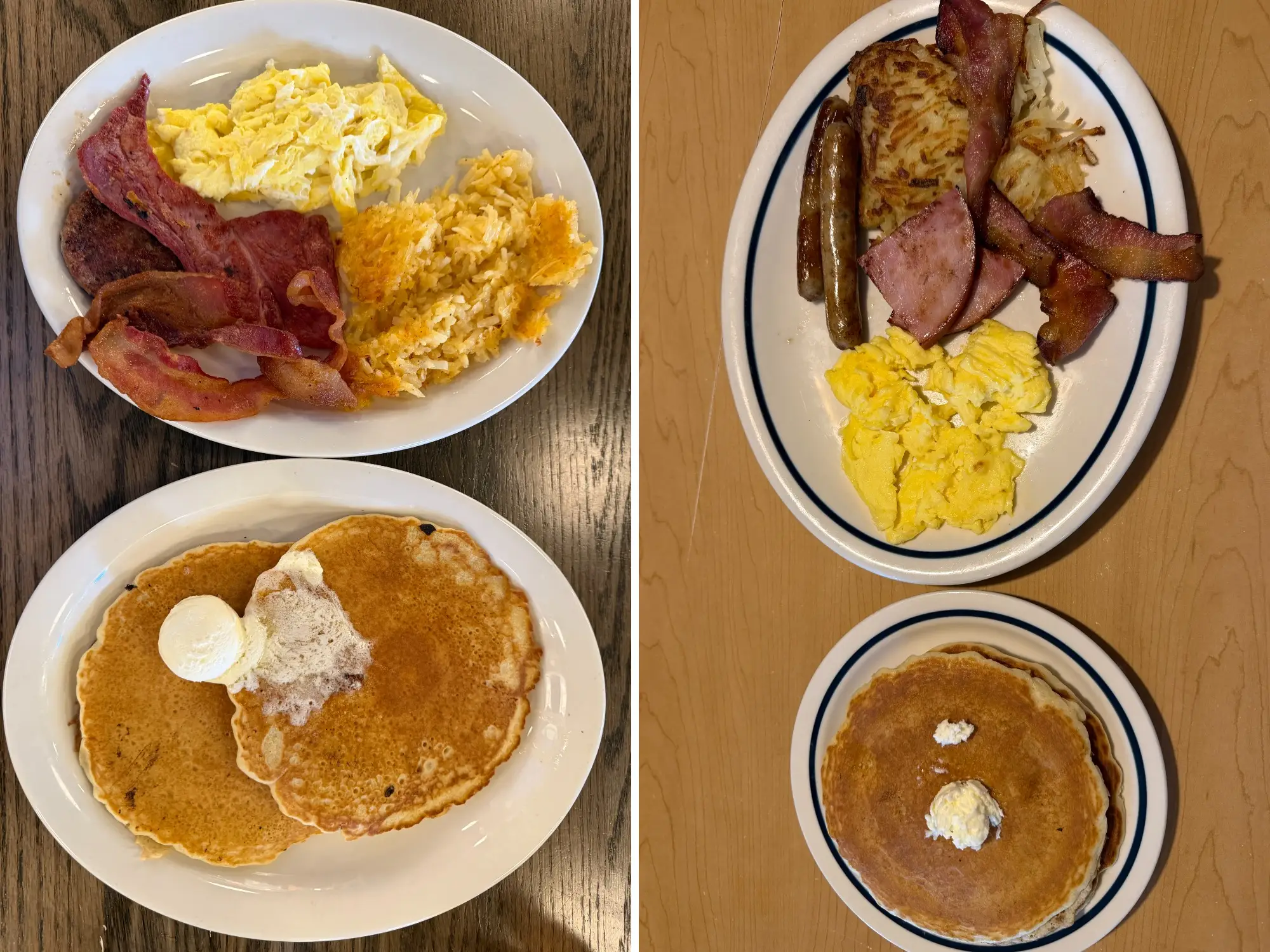 side by side of breakfast platter and pancakes at Cracker barrel next to image of breakfast platter and pancakes at IHOP