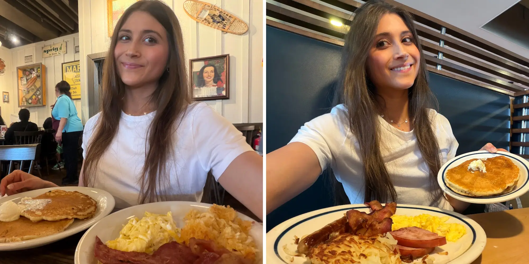 Side by side of woman with breakfast at Cracker Barrel next to image of same woman with breakfast at IHOP