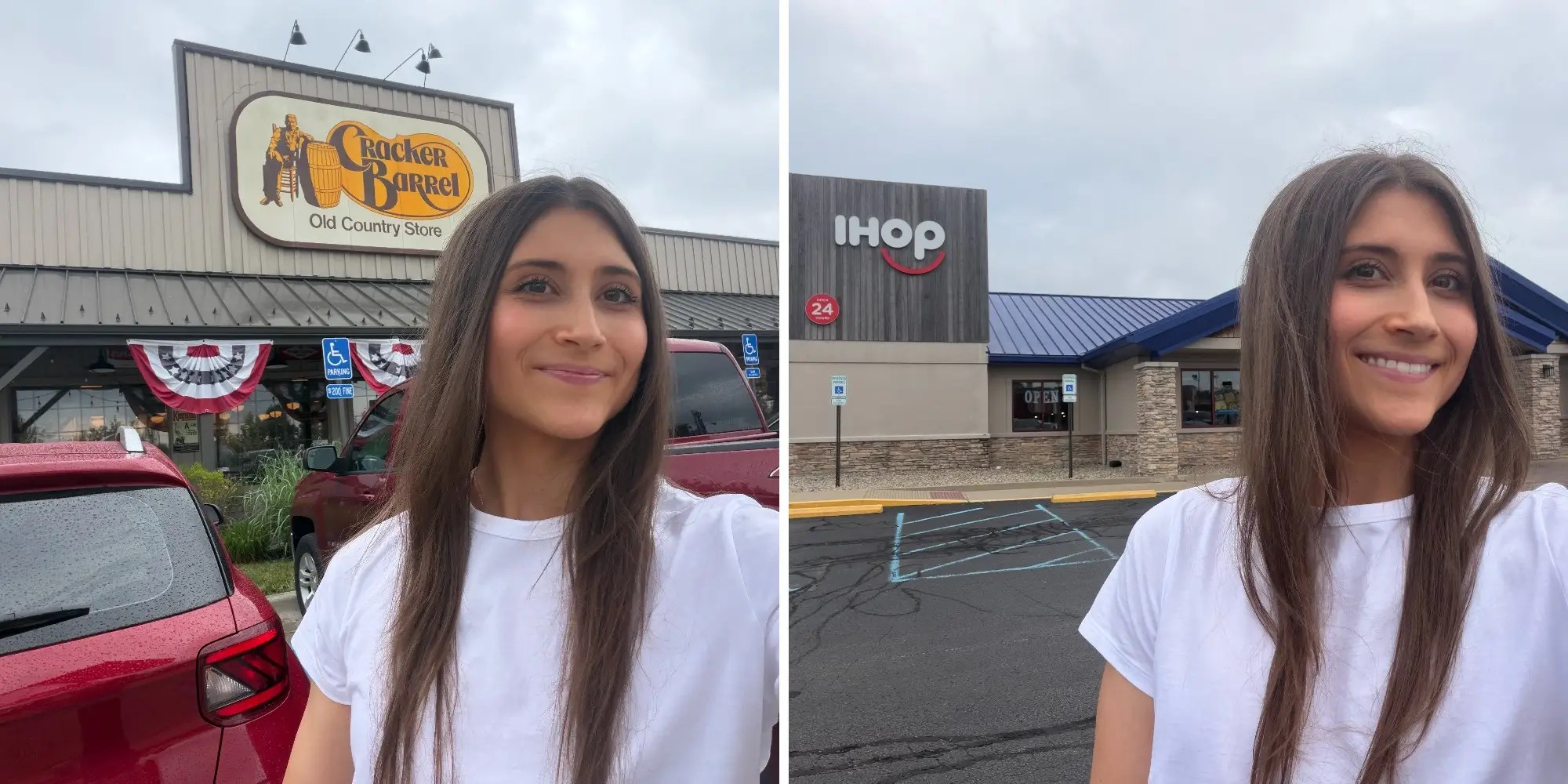 Composite of woman smiling in front of a Cracker Barrel next to image of same woman smiling in front of an IHOP
