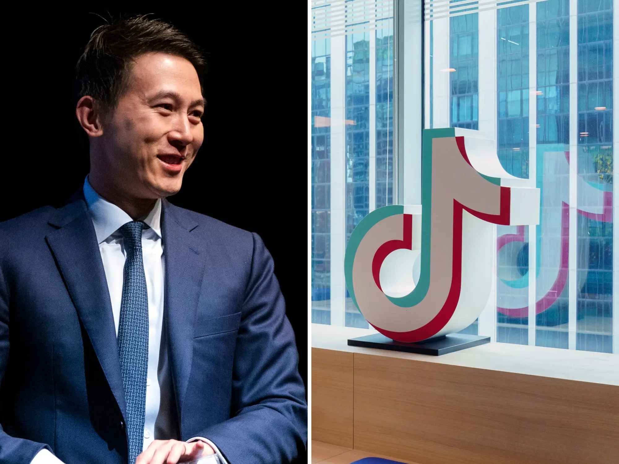 TikTok CEO Shou Chew next to the TikTok logo.