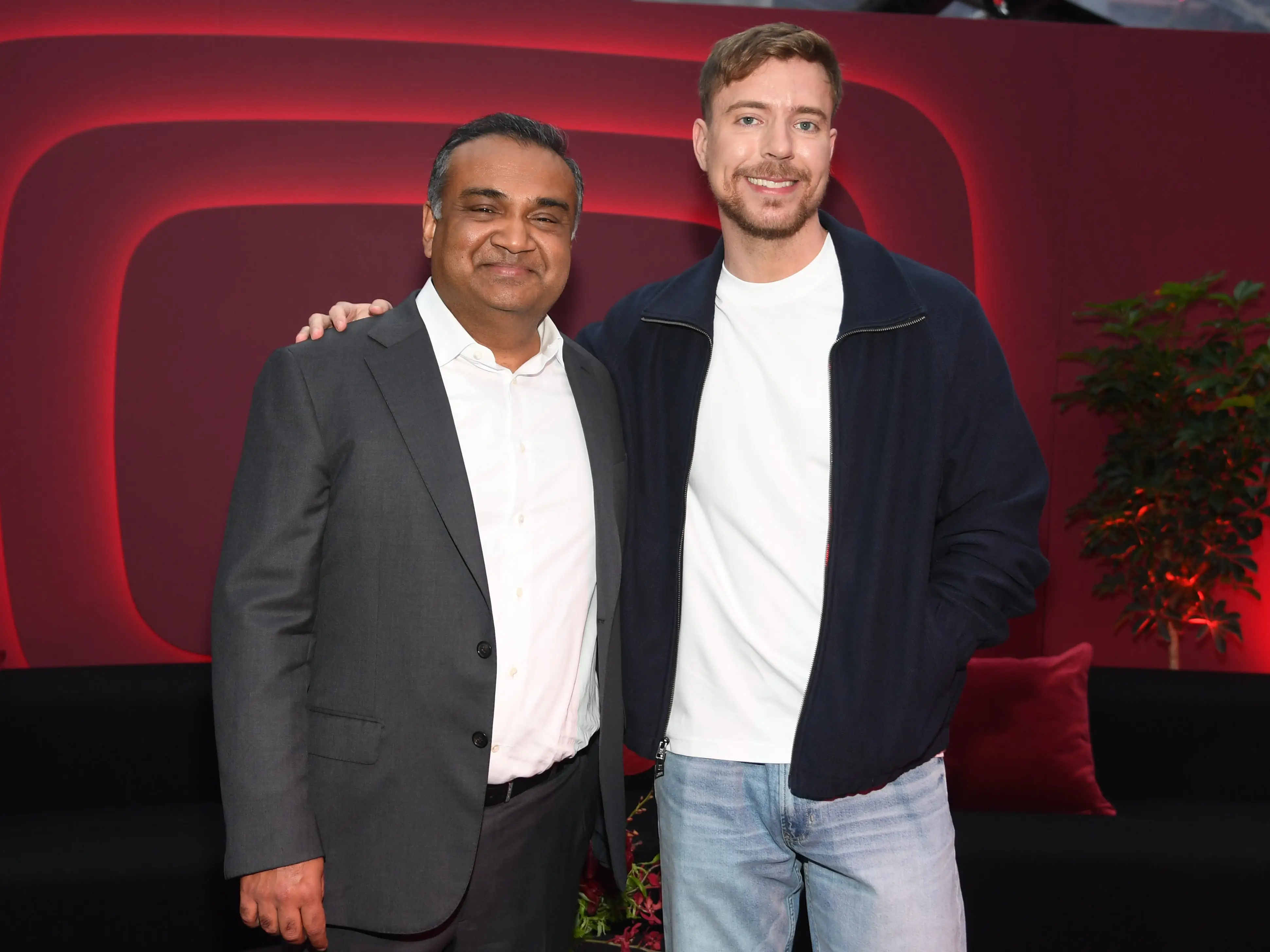 NEW YORK, NEW YORK - MAY 14: (L-R) Neal Mohan, CEO, YouTube and MrBeast attend YouTube Brandcast 2025 at David Geffen Hall on May 14, 2025 in New York City. (Photo by Noam Galai/Getty Images for YouTube)