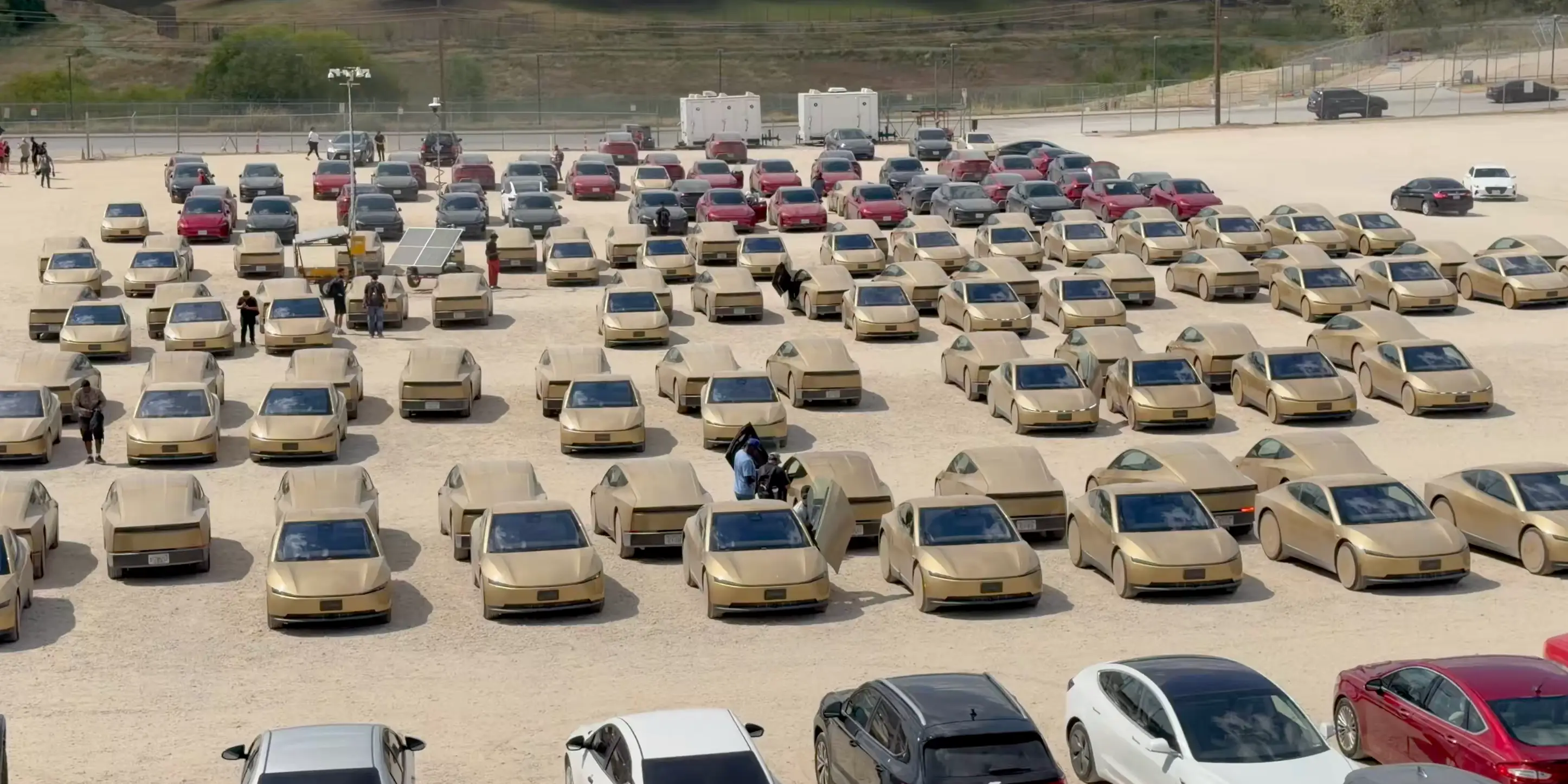 A storage lot for Tesla Cybercabs