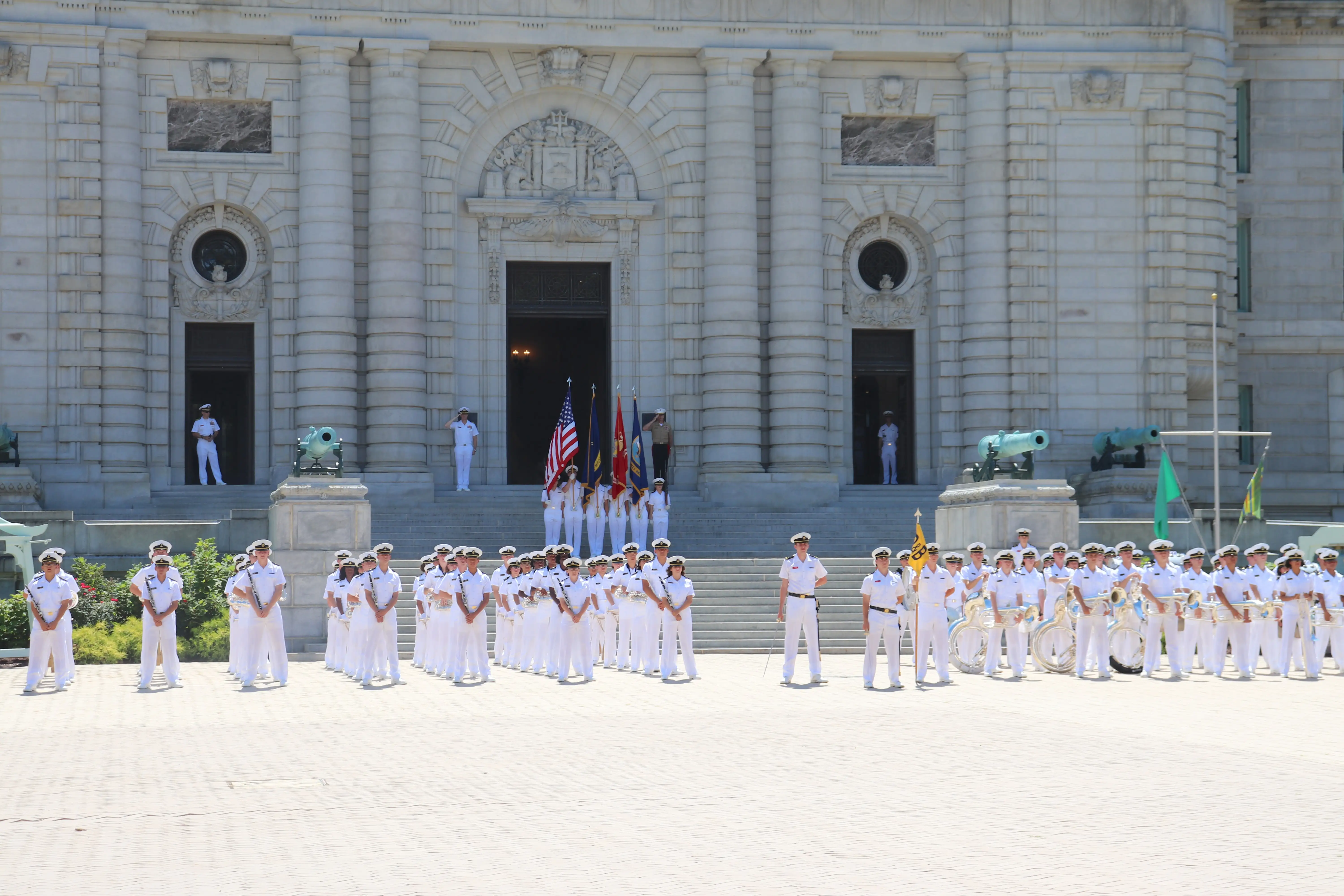 The US Naval Academy Band at Noon Meal Formation outside Bancroft Hall.