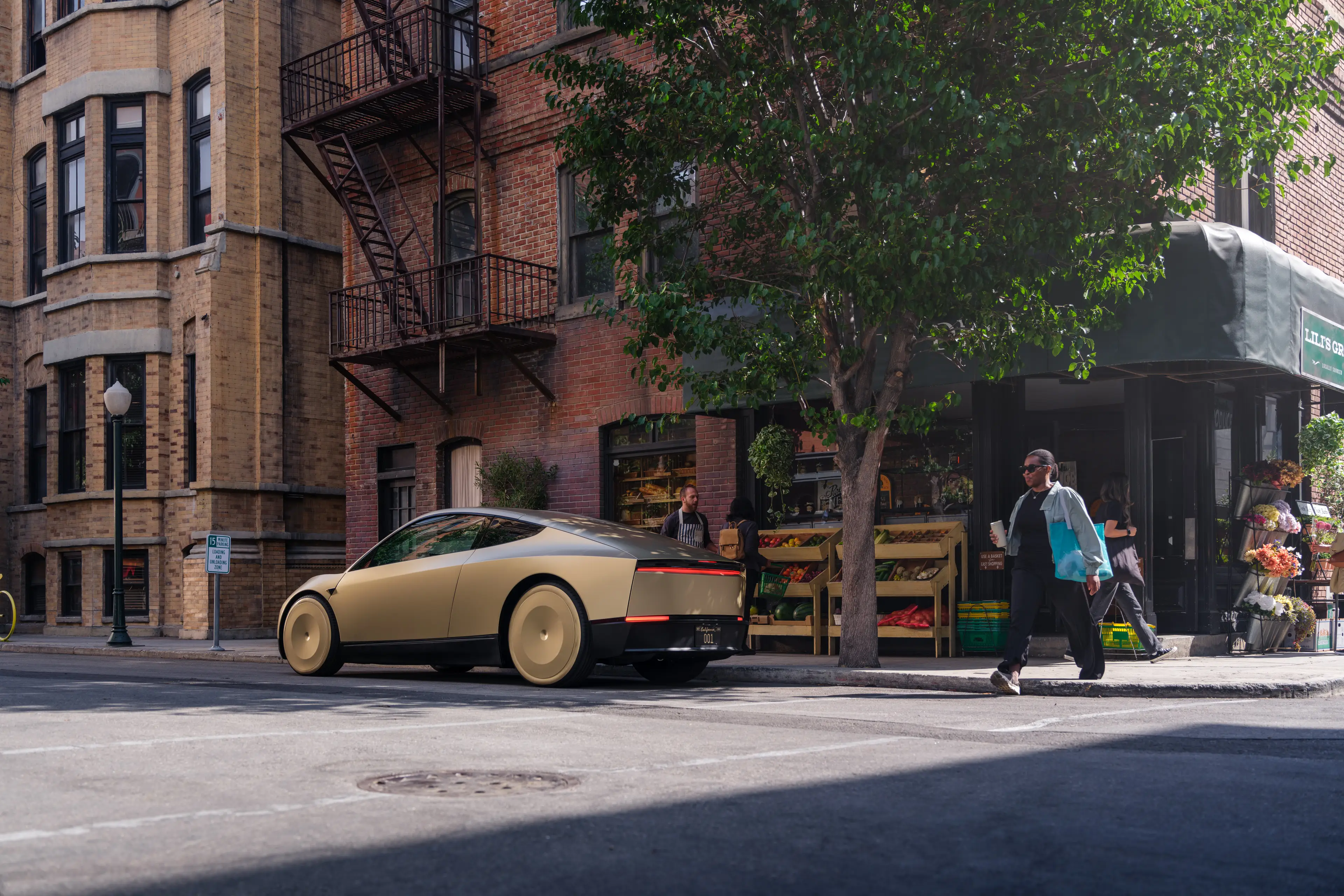 A woman with a water bottle walks in a crosswalk behind a parked Tesla Cybercab.