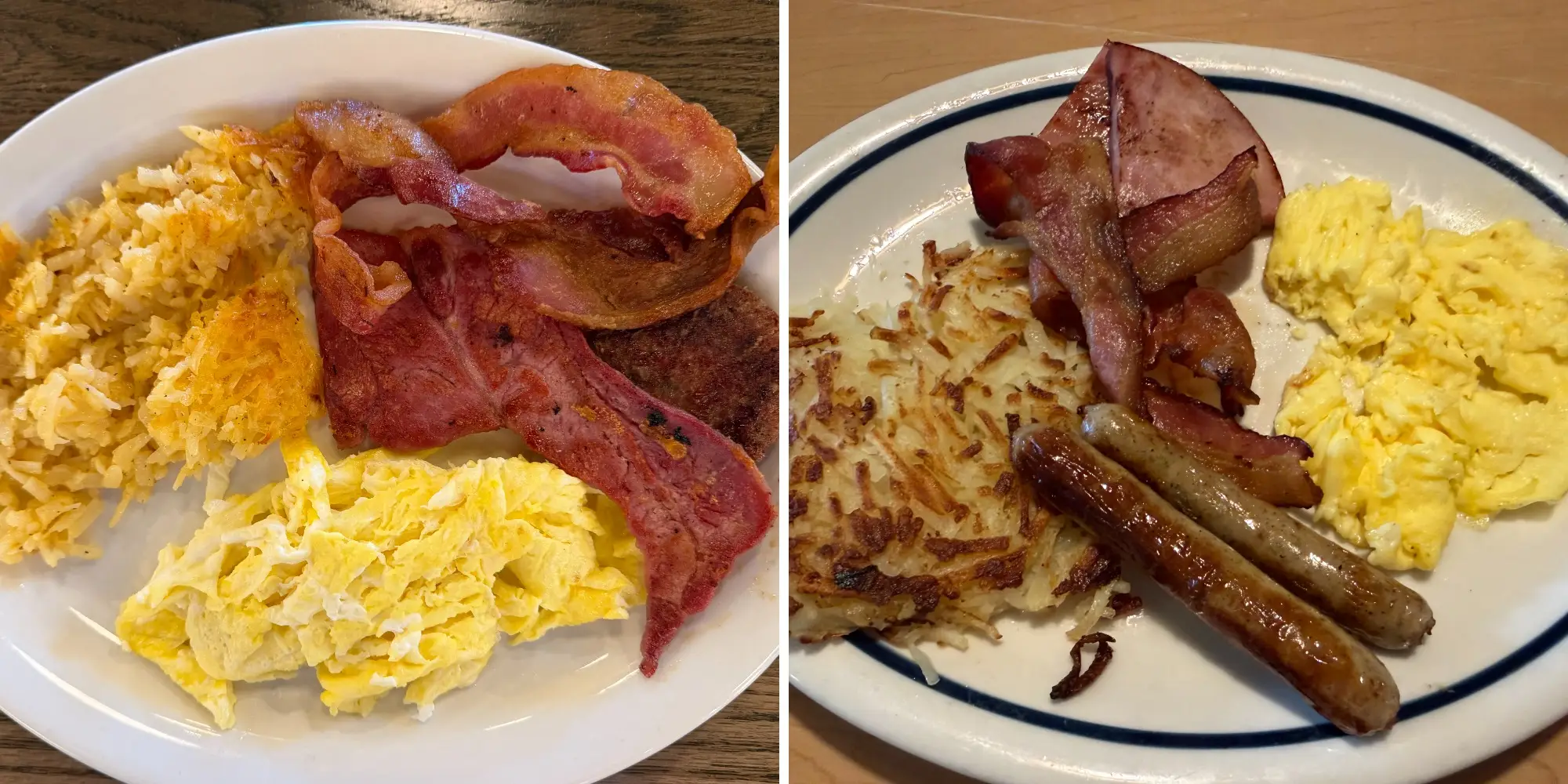 Side by side of breakfast at Cracker Barrel and breakfast at IHOP