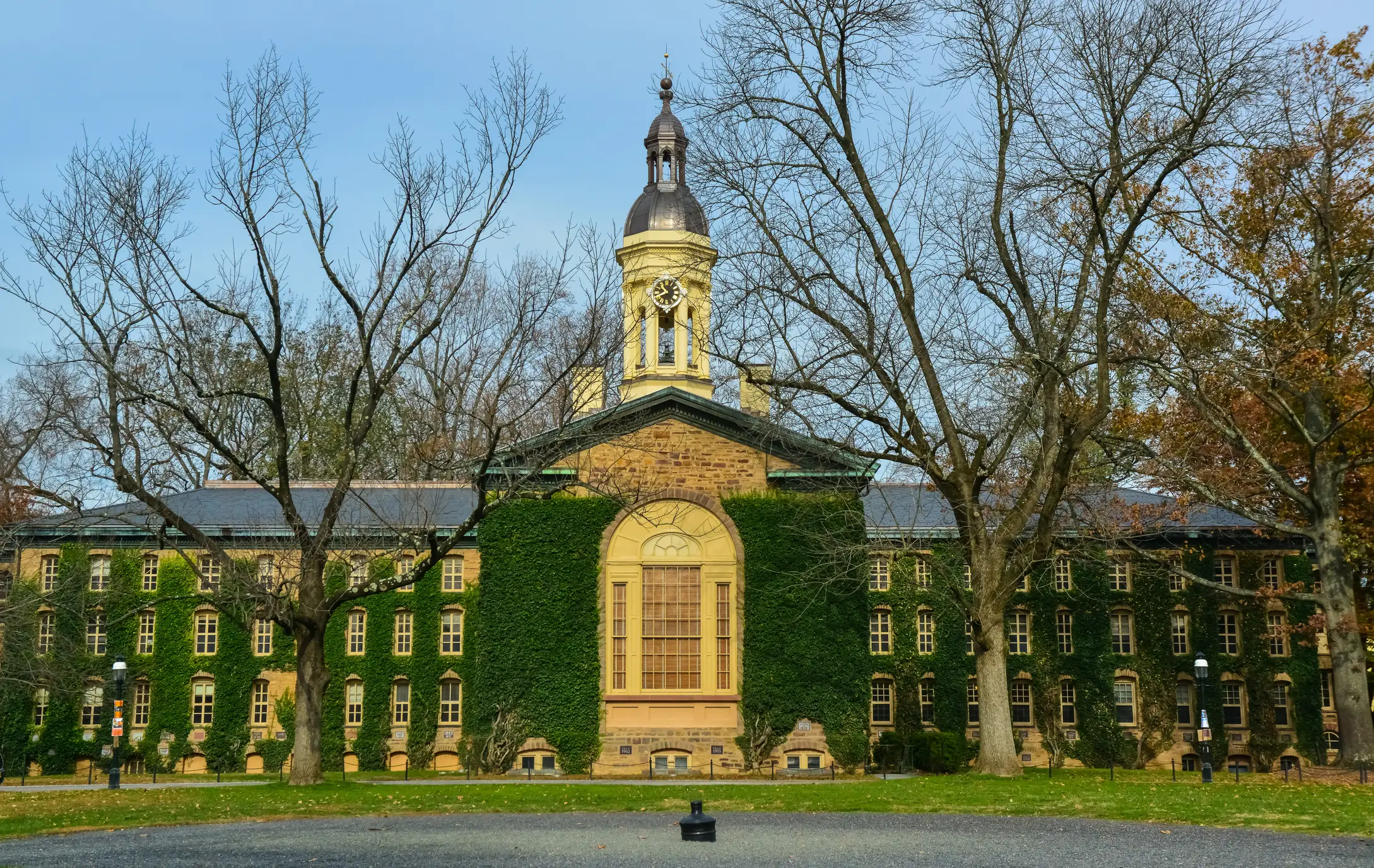 Old Nassau Hall, the oldest building with ivy-covered walls at Princeton University.