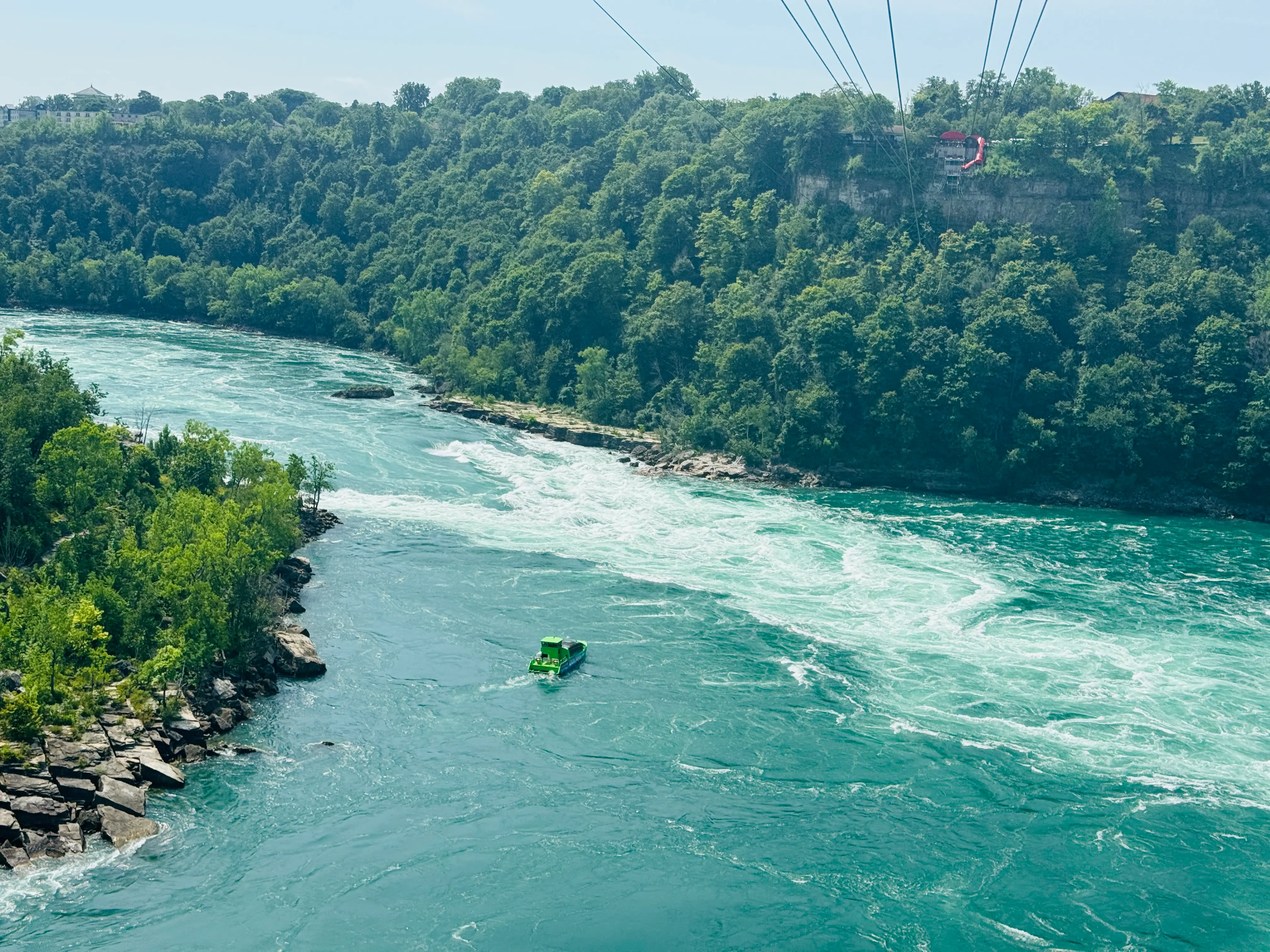 An aerial view of the Niagara River from a cable car.