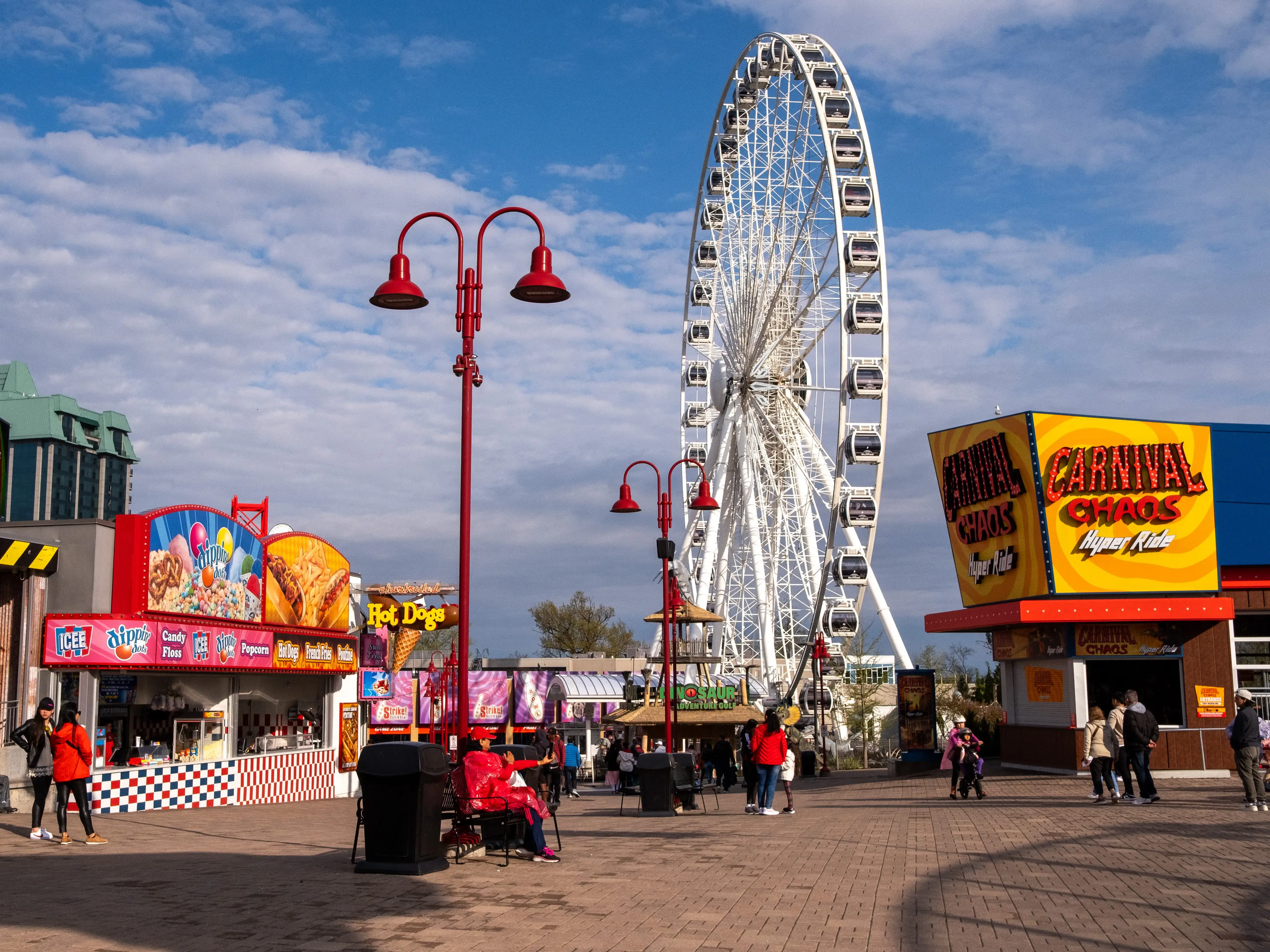 A Ferris wheel and amusements in the Clifton Hall area of Niagara Falls.