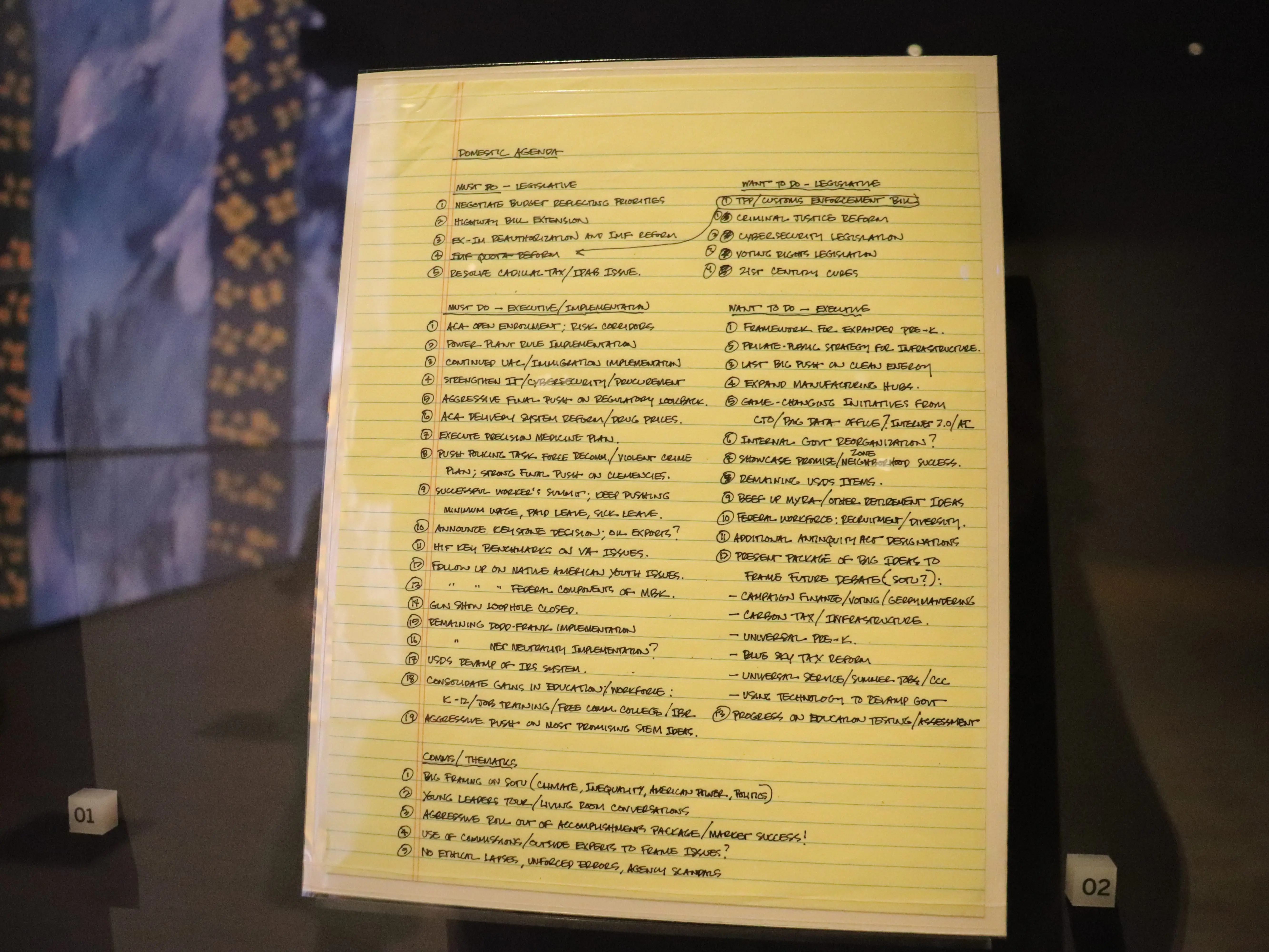 Barack Obama's domestic agenda on a notepad, on display at the Obama Presidential Center