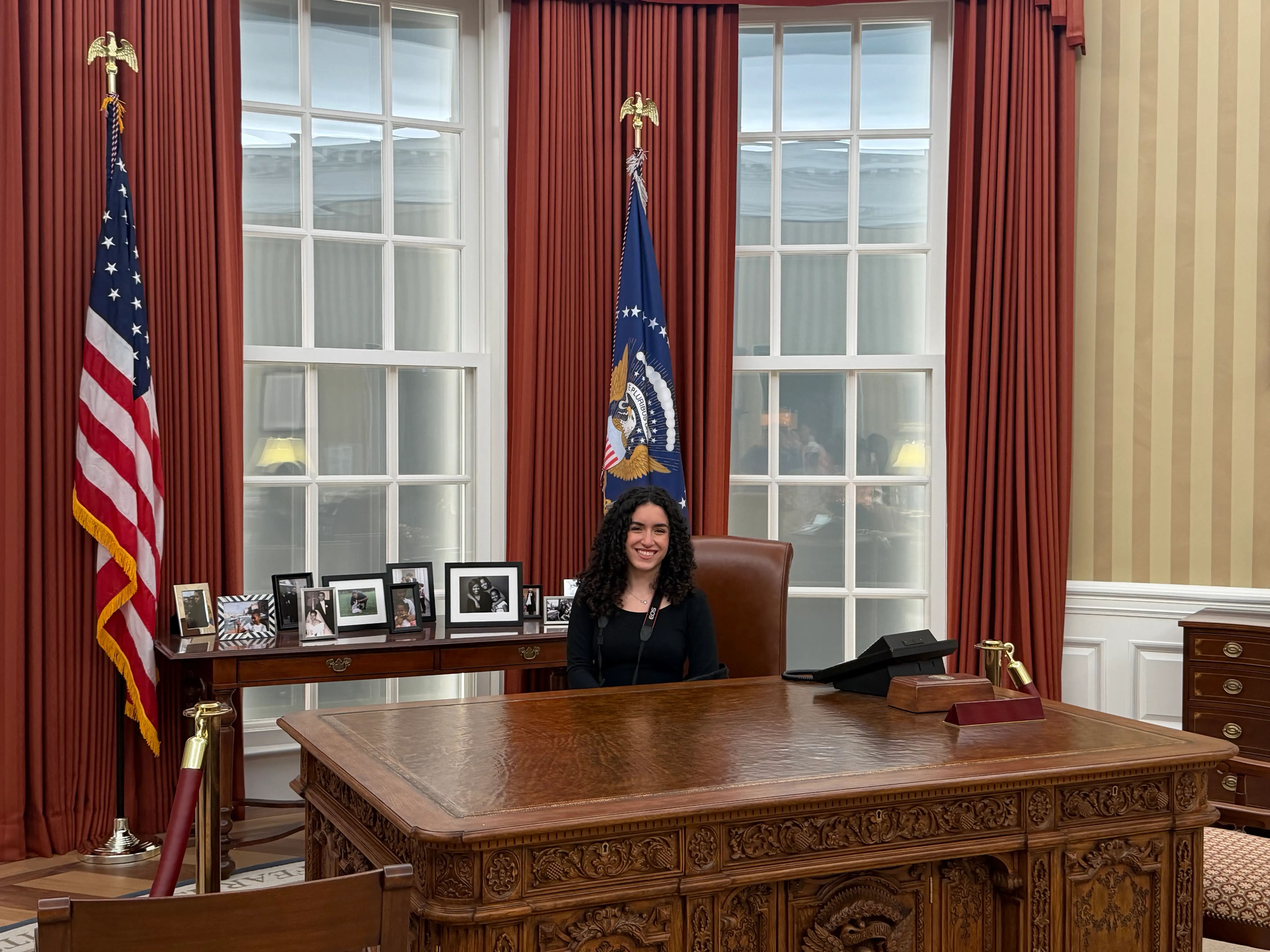 Author inside the Oval Office replica at the Obama Presidential Center
