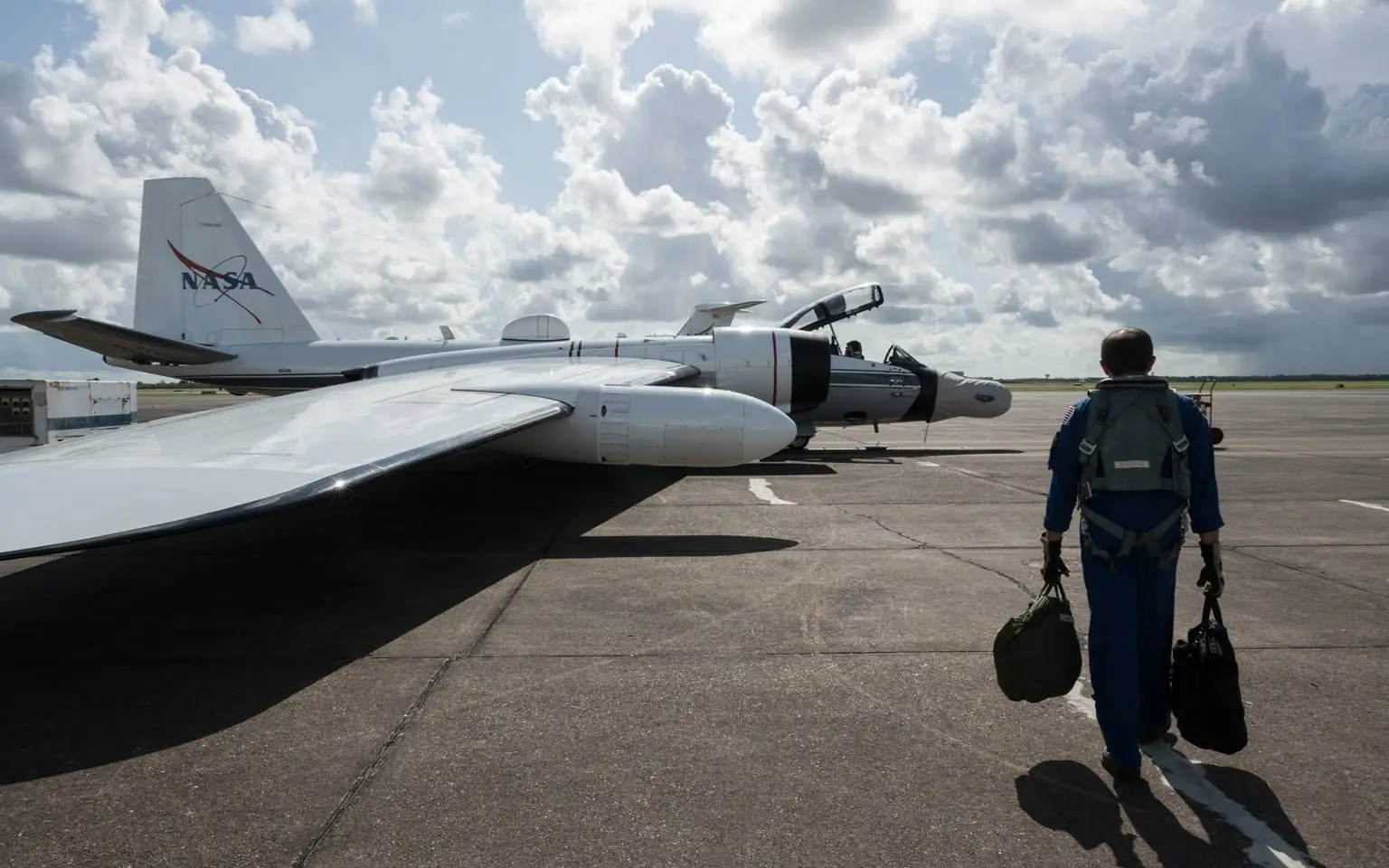A crew member prepares for takeoff in NASA's WB-57.