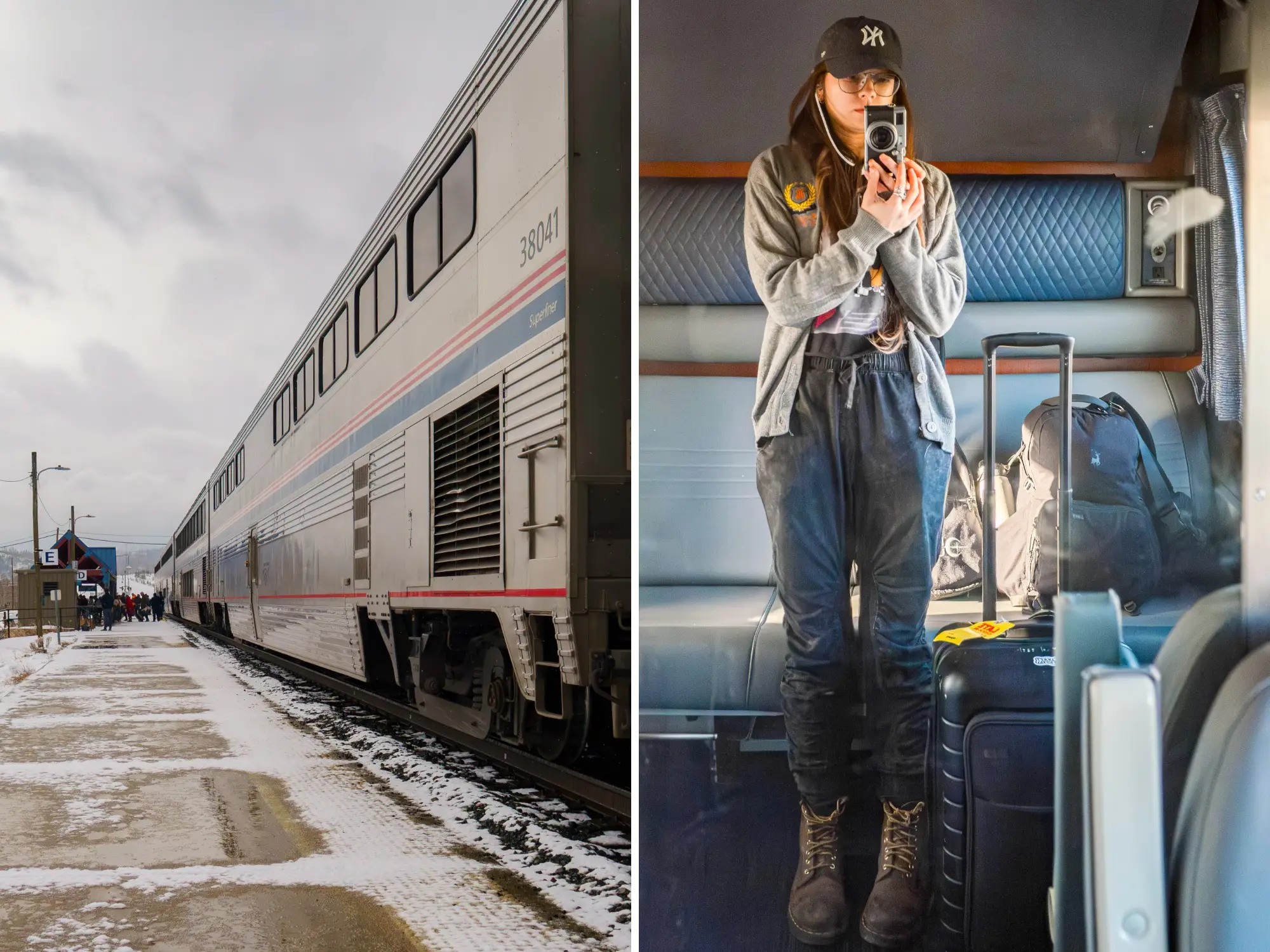 Split view shows a Superliner passenger train at a snowy platform and a traveler taking a mirror selfie inside.