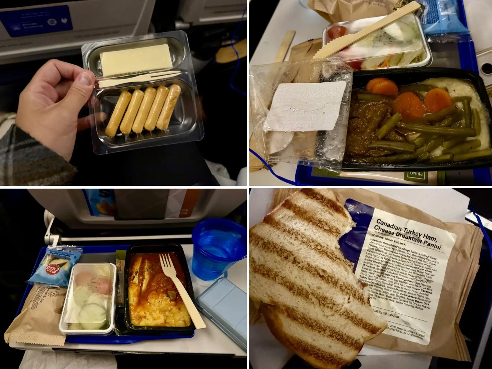 collage of the chicken, beef, appetizer, and breakfast sandwich on the author's United flight.