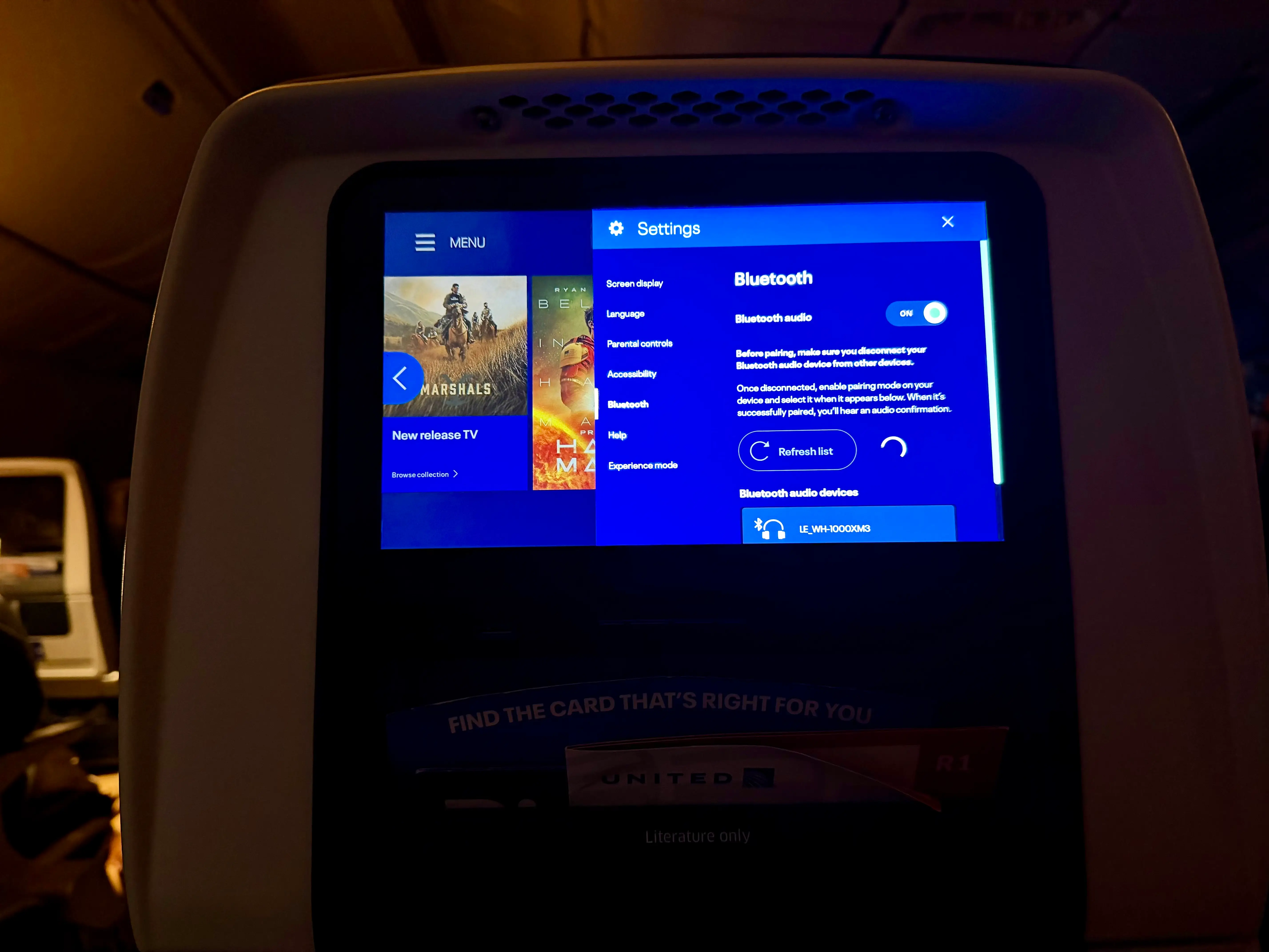 The author's Bluetooth on the seatback screen on United.