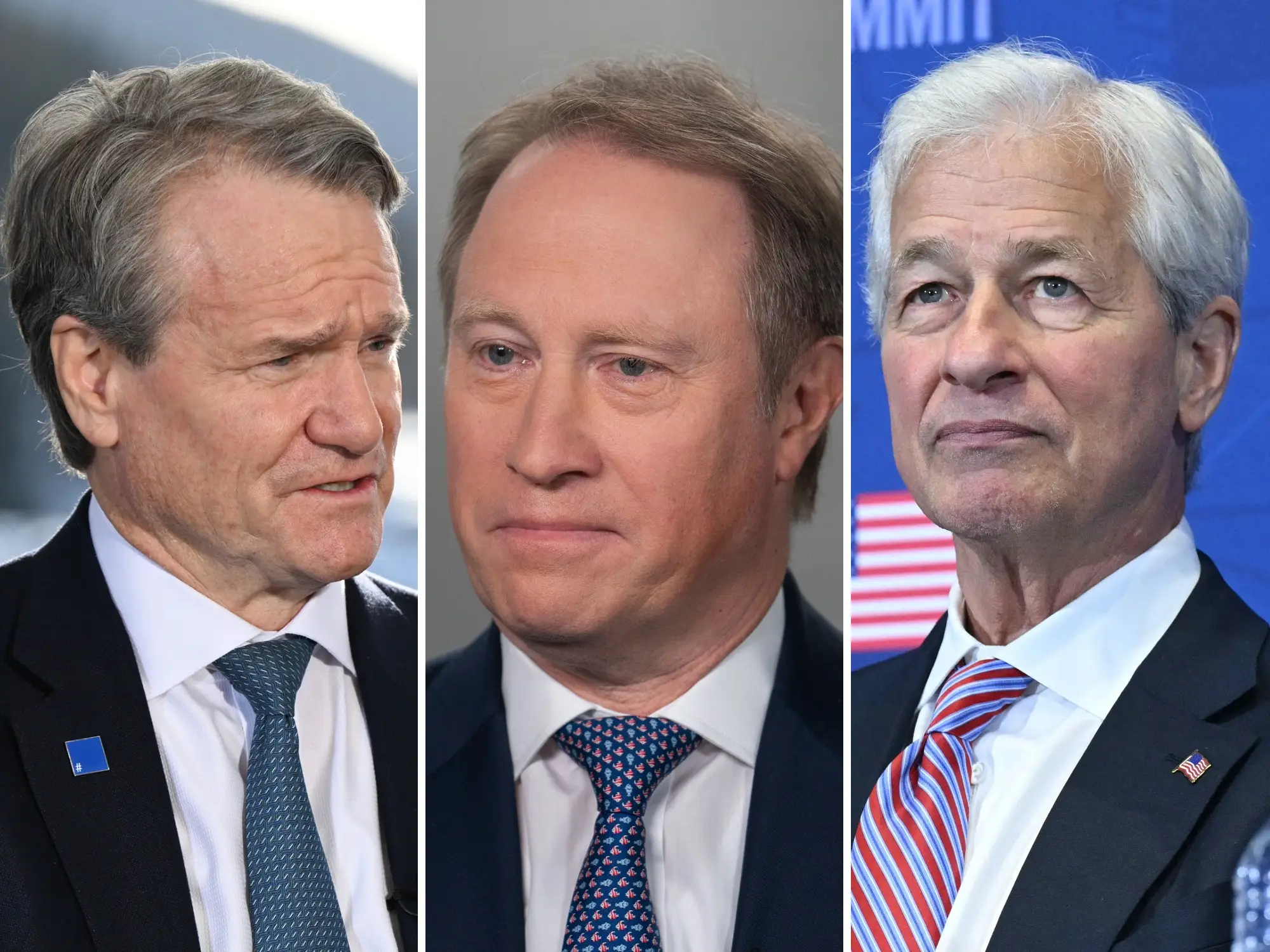 Three-panel portrait collage shows Brian Moynihan, Ted Pick, and Jamie Dimon in suits and ties.