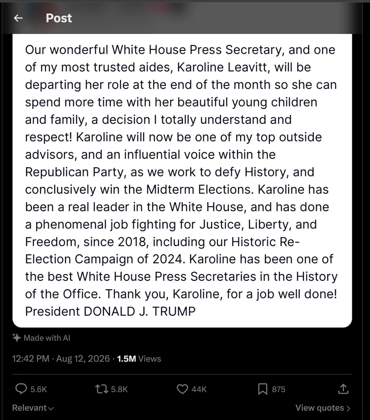 Social media post screenshot shows a statement attributed to President DONALD J. TRUMP about Karoline Leavitt.