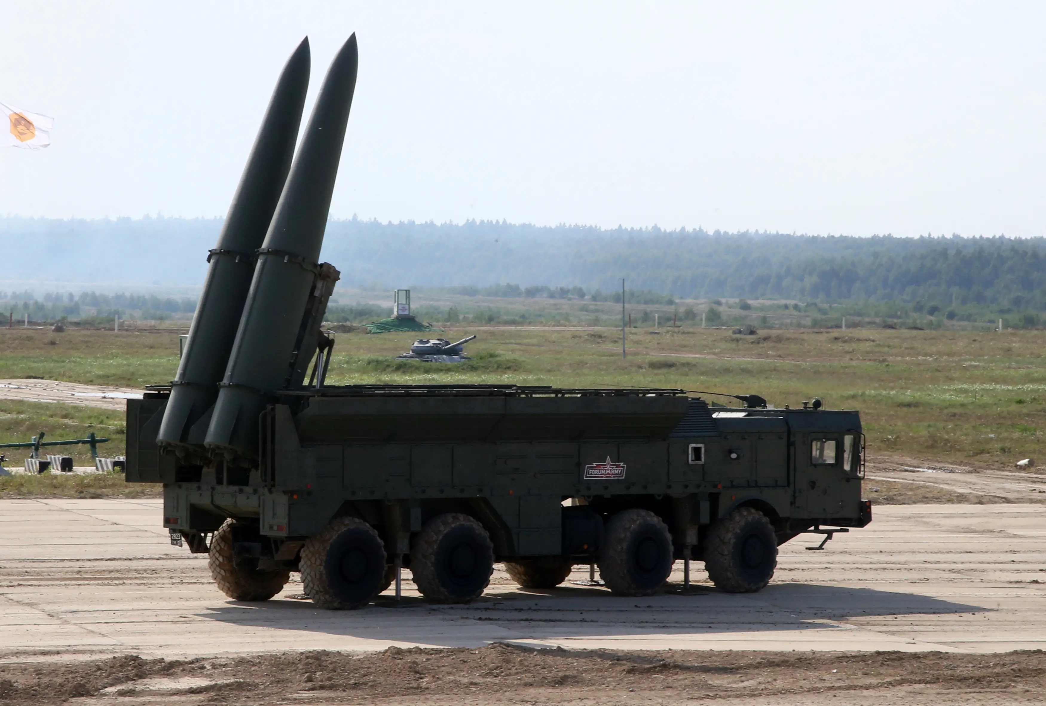 A Russian Iskander-E missile launcher on display at the International Military Technical Forum 'Army 2022' on August 17, 2022, in Patriot Park, outside Moscow.
