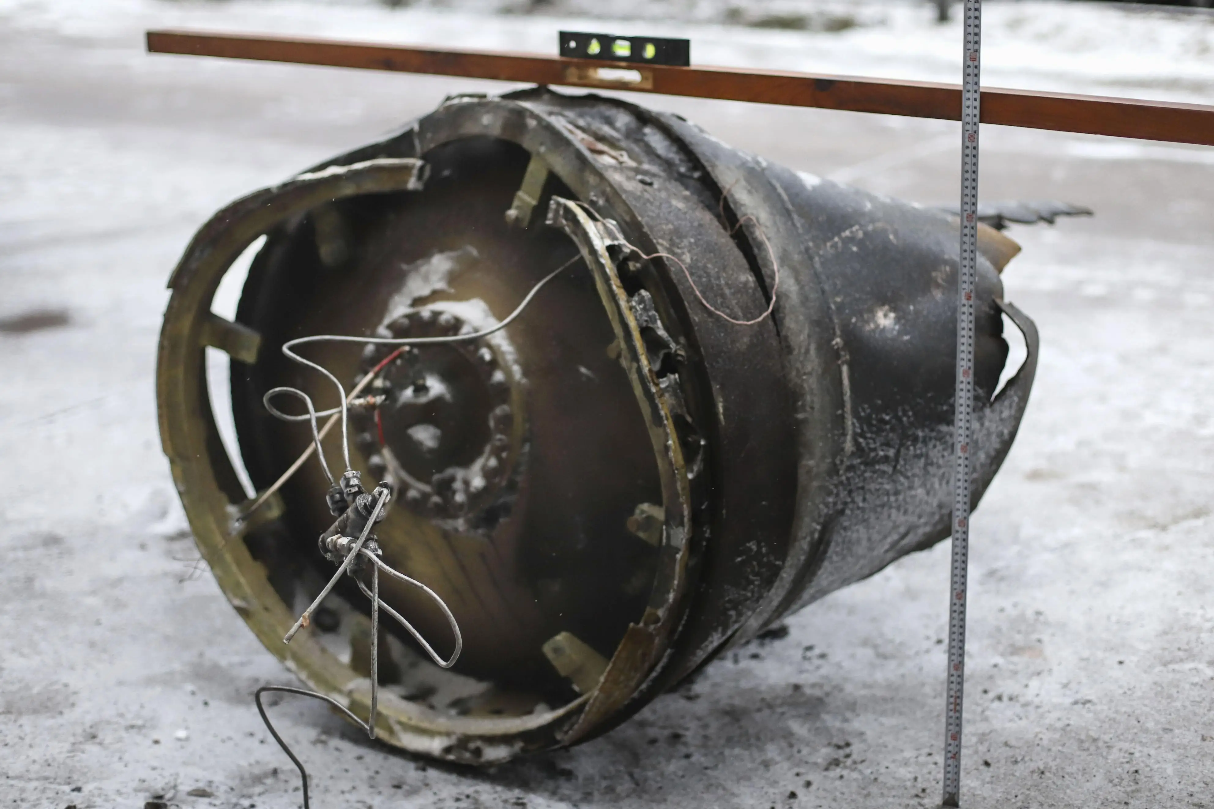 Photo taken in Kyiv on January 11, 2024, shows debris from a missile used in a January 2 strike on the eastern Ukraine city of Kharkiv amid the war with Russia.