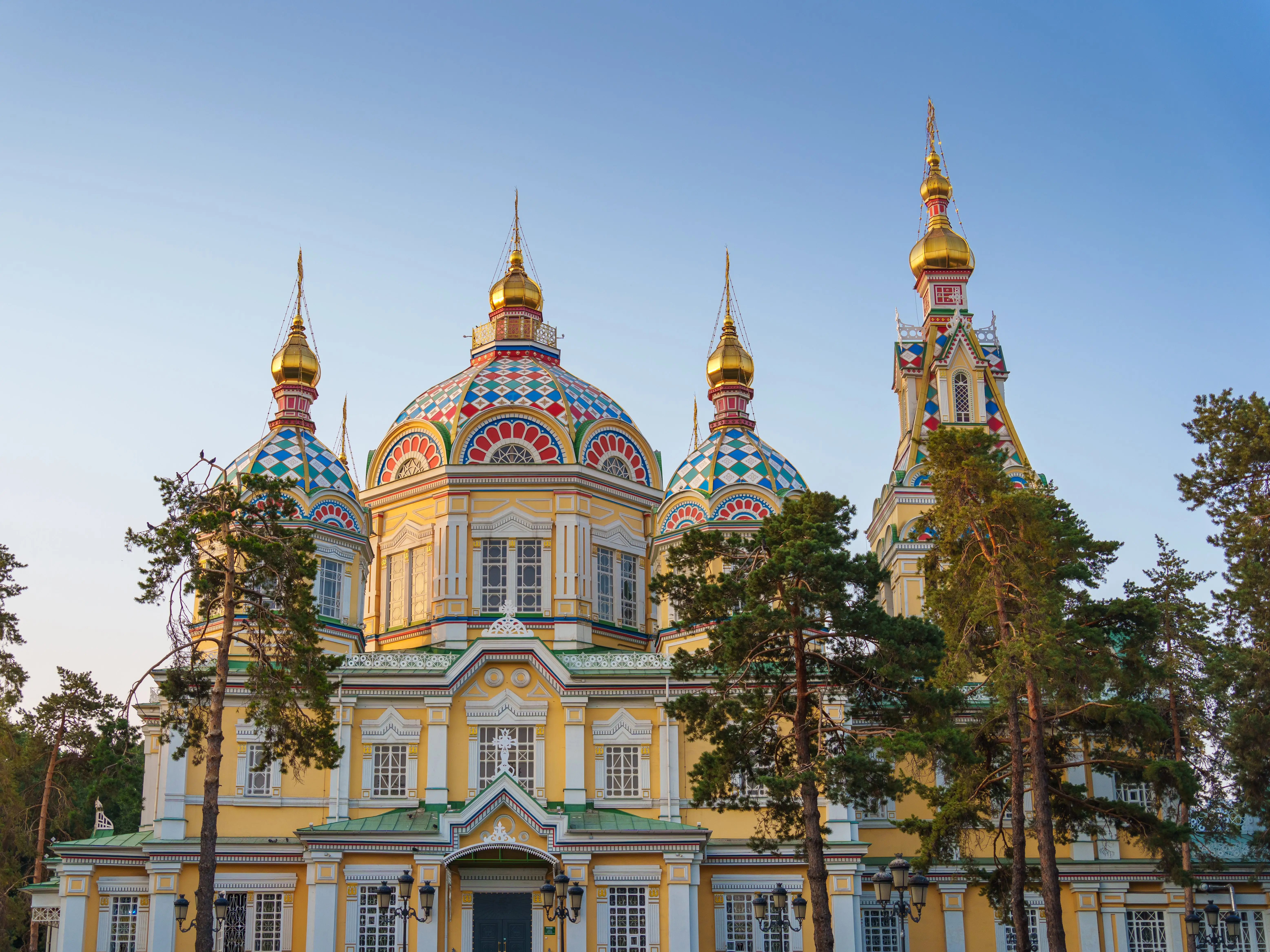 The exterior of the colorful Ascension Cathedral in Almaty, Kazakhstan.