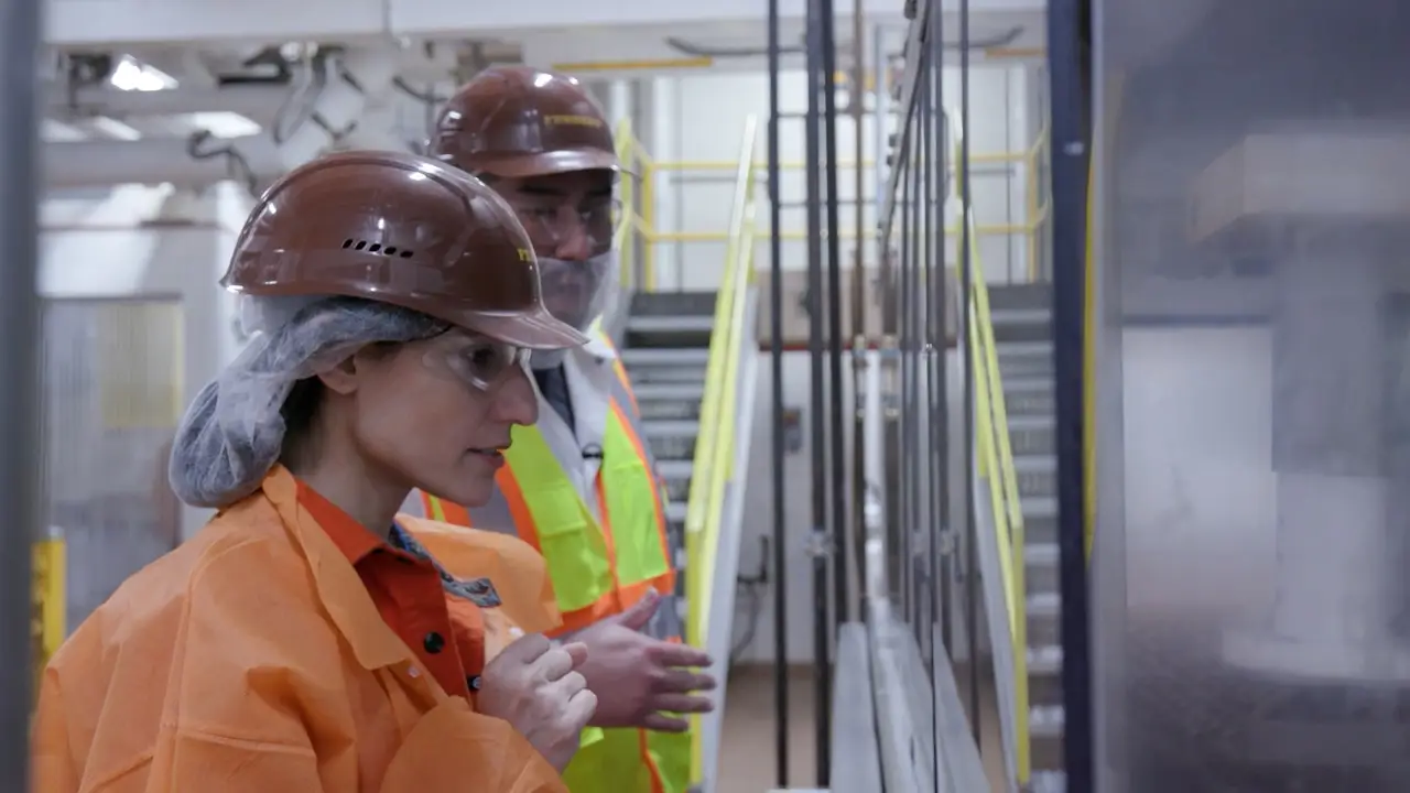 Business Insider producer Havovi Cooper at Ferrero manufacturing facility in orange protective jacket and brown hard hat.
