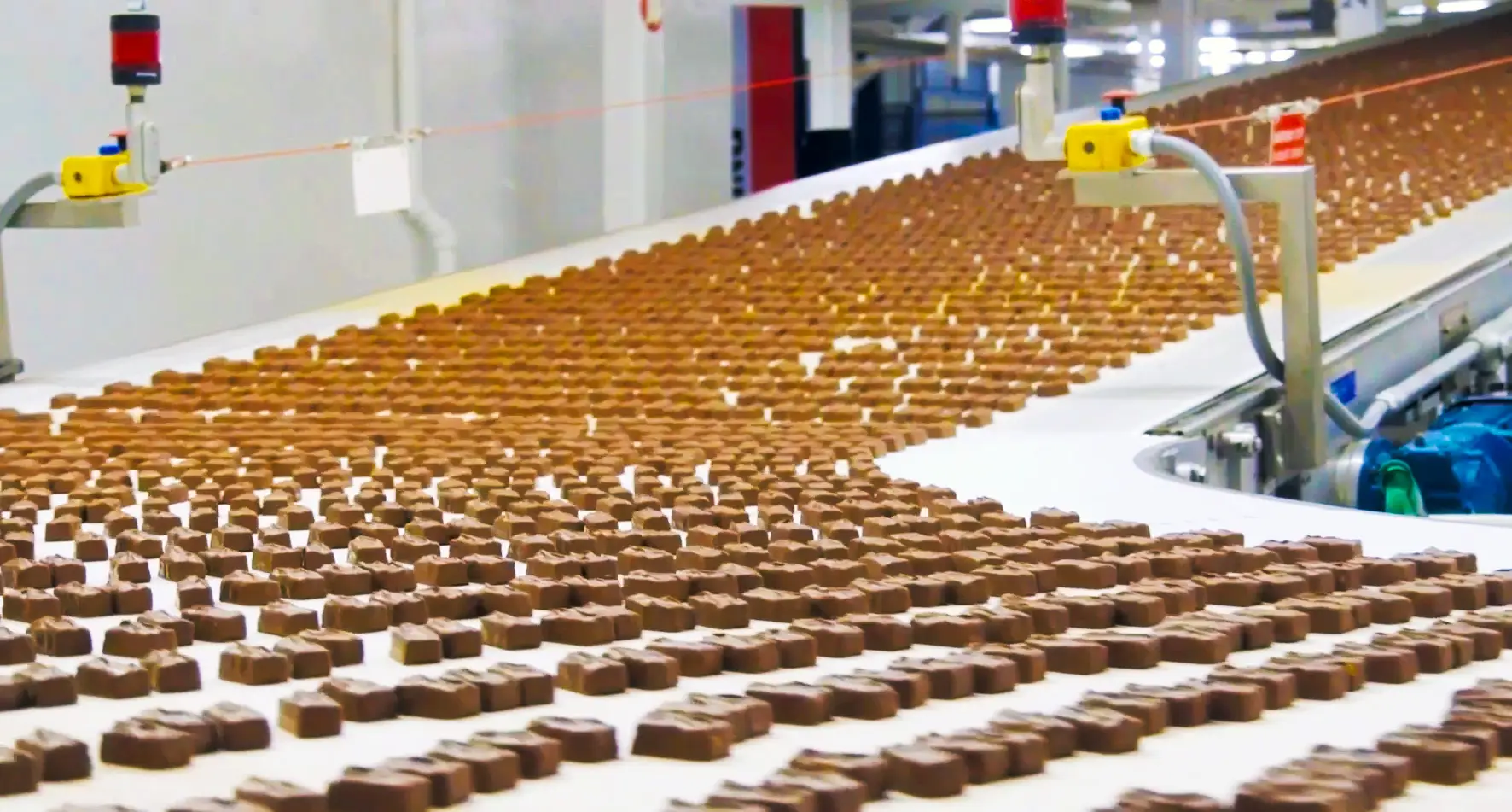 Inside a Ferrero factory showing hundreds of bite-sized chocolate bars on a production line.