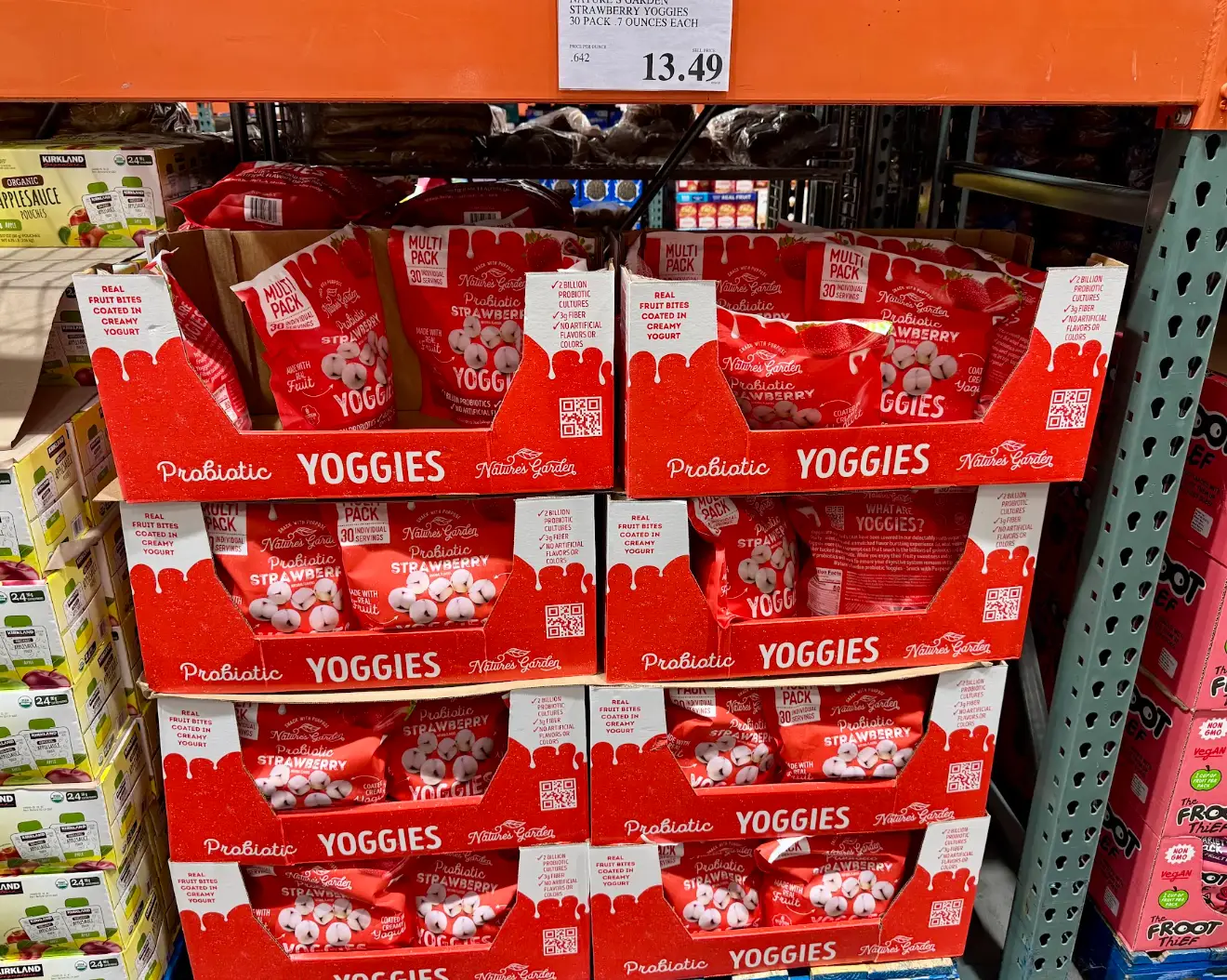 Bags of probiotic strawberry Yoggies at Costco.