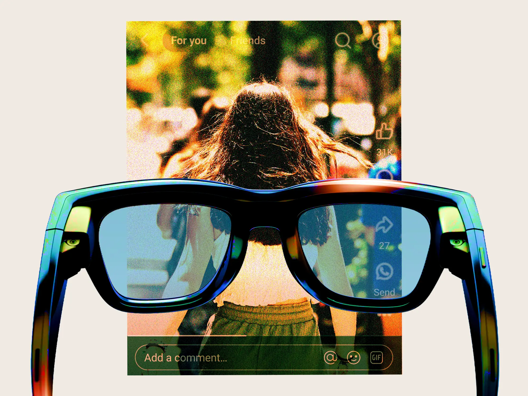 Smart glasses overlay a vertical social media feed showing a person from behind and visible comment controls.