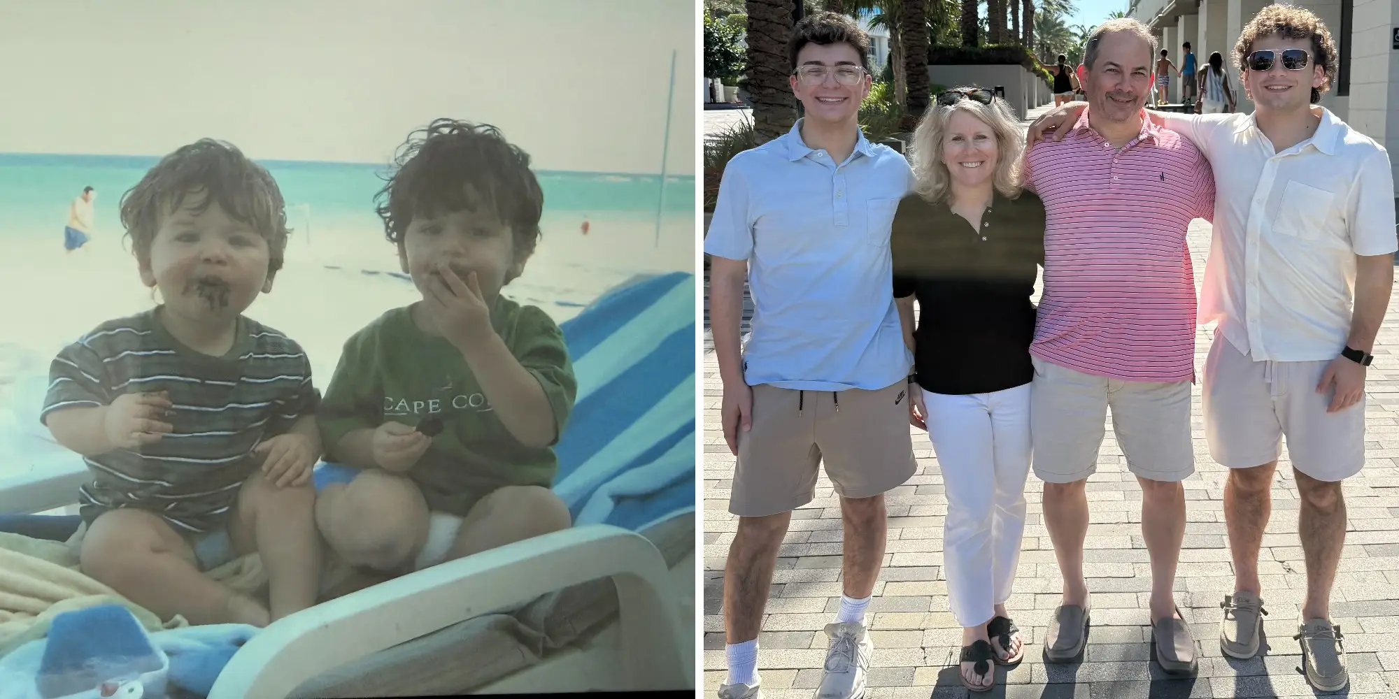 Left, two young boys on a beach chair. Right, the boys as young adults standing besides their mother and father.
