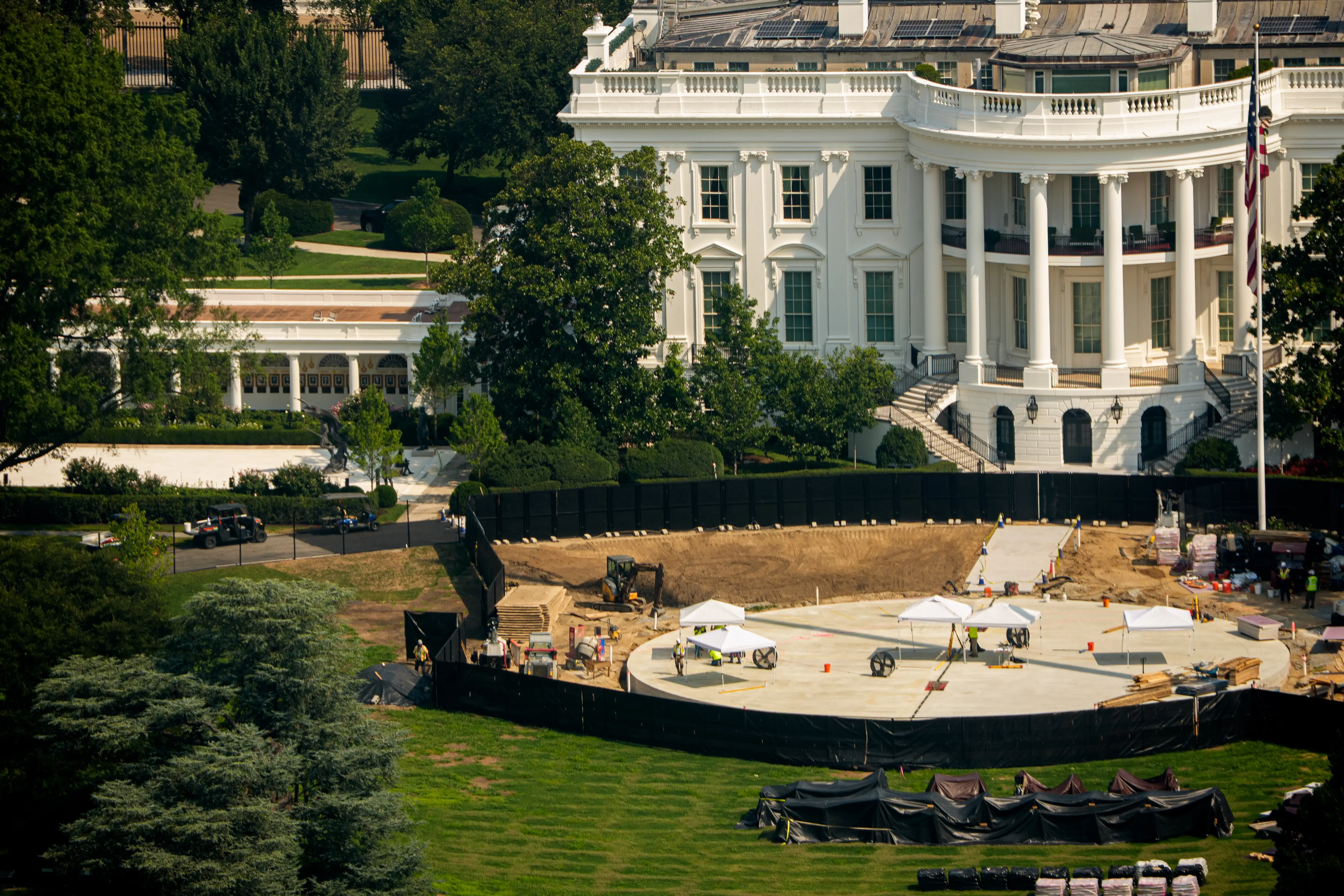 Construction of a new helipad on the South Lawn of the White House.